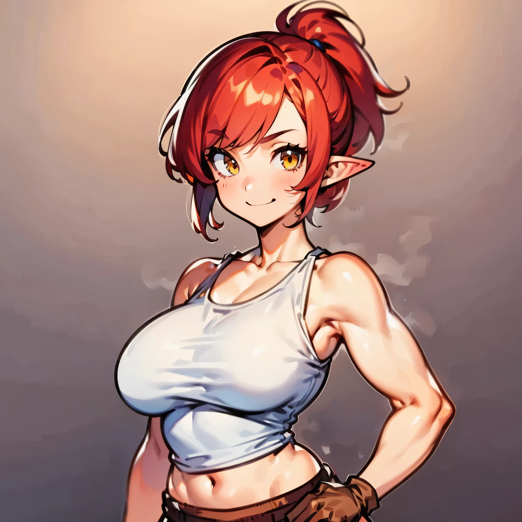1woman, short red hair in a ponytail, yellow eyes, medium breast, wide hips, pointy ears, short stature, dwarf, white tank top, baggy brown pants, brown gloves, toothy smile, blush, hands on her hips, ((best quality)), ((masterpiece)), portrait, looking at the camera, from the front, simple background, ((detailed)), ((perfect anatomy)), ((detailed art)), ((high definition)), ((4k)), ((high resolution))