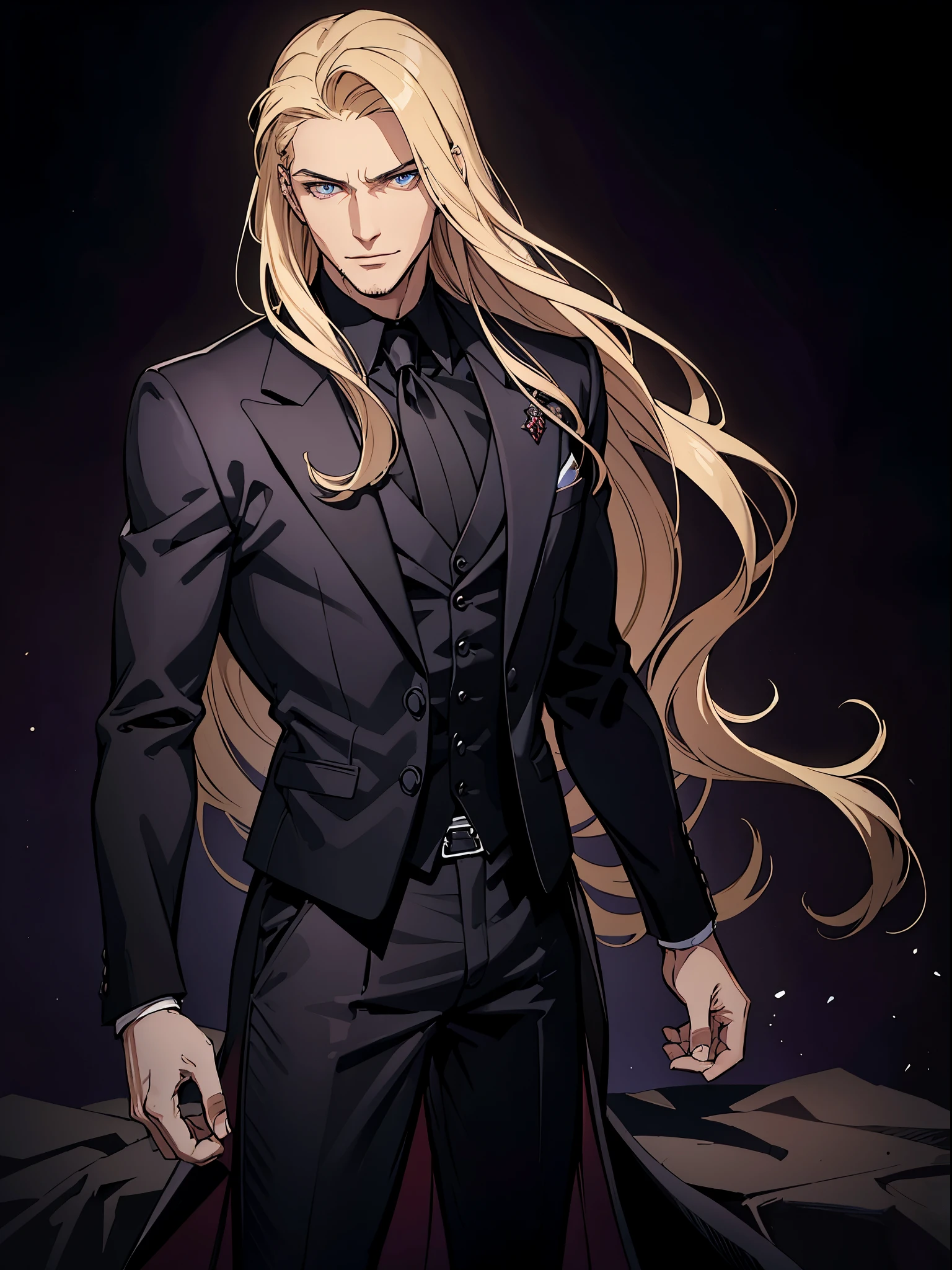 (best quality:1.4), masterpiece, ultra-detailed, realistic evil cowboy, intense gaze, enigmatic smile, dark gothic atmosphere, handsome man, tousled blonde hair, piercing blue eyes, hypnotic gaze, long flowing hair, fair complexion, elegant black suit, tailored black pants, exquisite black jacket, sophisticated black tuxedo, regal purple Renaissance shirt, crimson blood accents, mysterious demeanor.