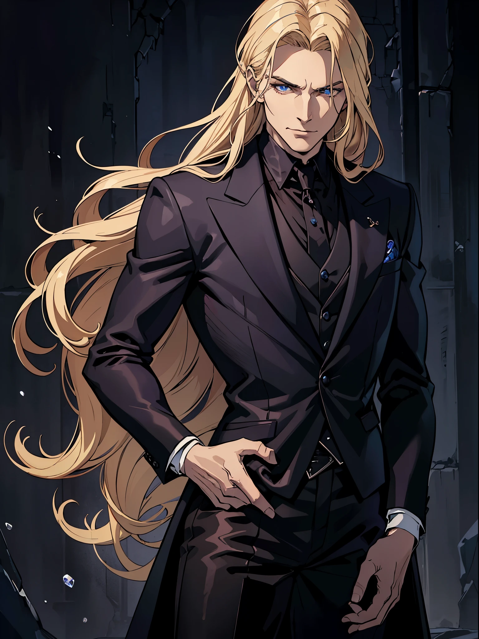 (best quality:1.4), masterpiece, ultra-detailed, realistic evil cowboy, intense gaze, enigmatic smile, dark gothic atmosphere, handsome man, tousled blonde hair, piercing blue eyes, hypnotic gaze, long flowing hair, fair complexion, elegant black suit, tailored black pants, exquisite black jacket, sophisticated black tuxedo, regal purple Renaissance shirt, crimson blood accents, mysterious demeanor.