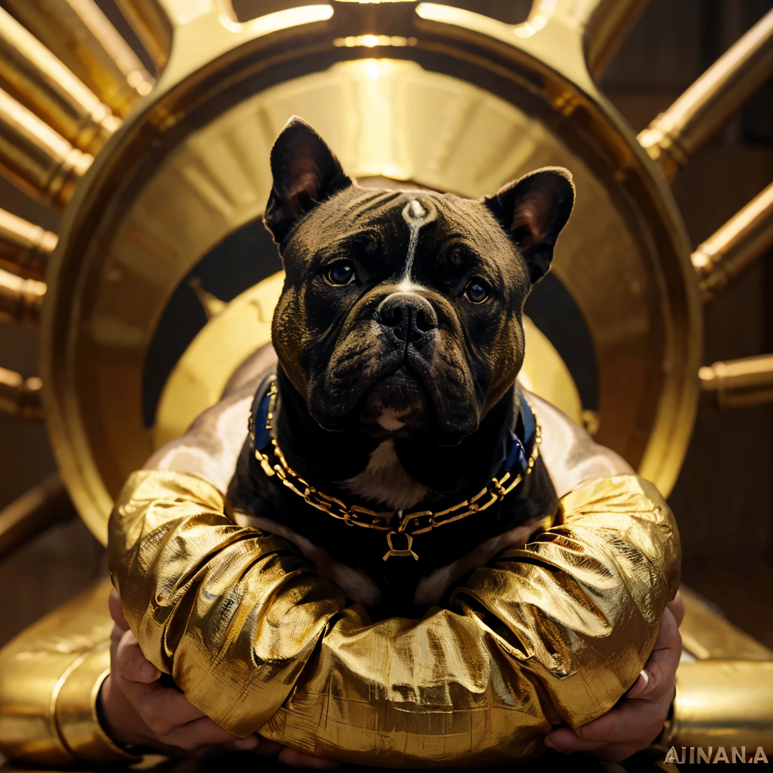 American bully metallic gold color,sobre un cartel que diga el toque de Midas en letras rojas ,con u. where fire ,Midas hand behind the American bully 