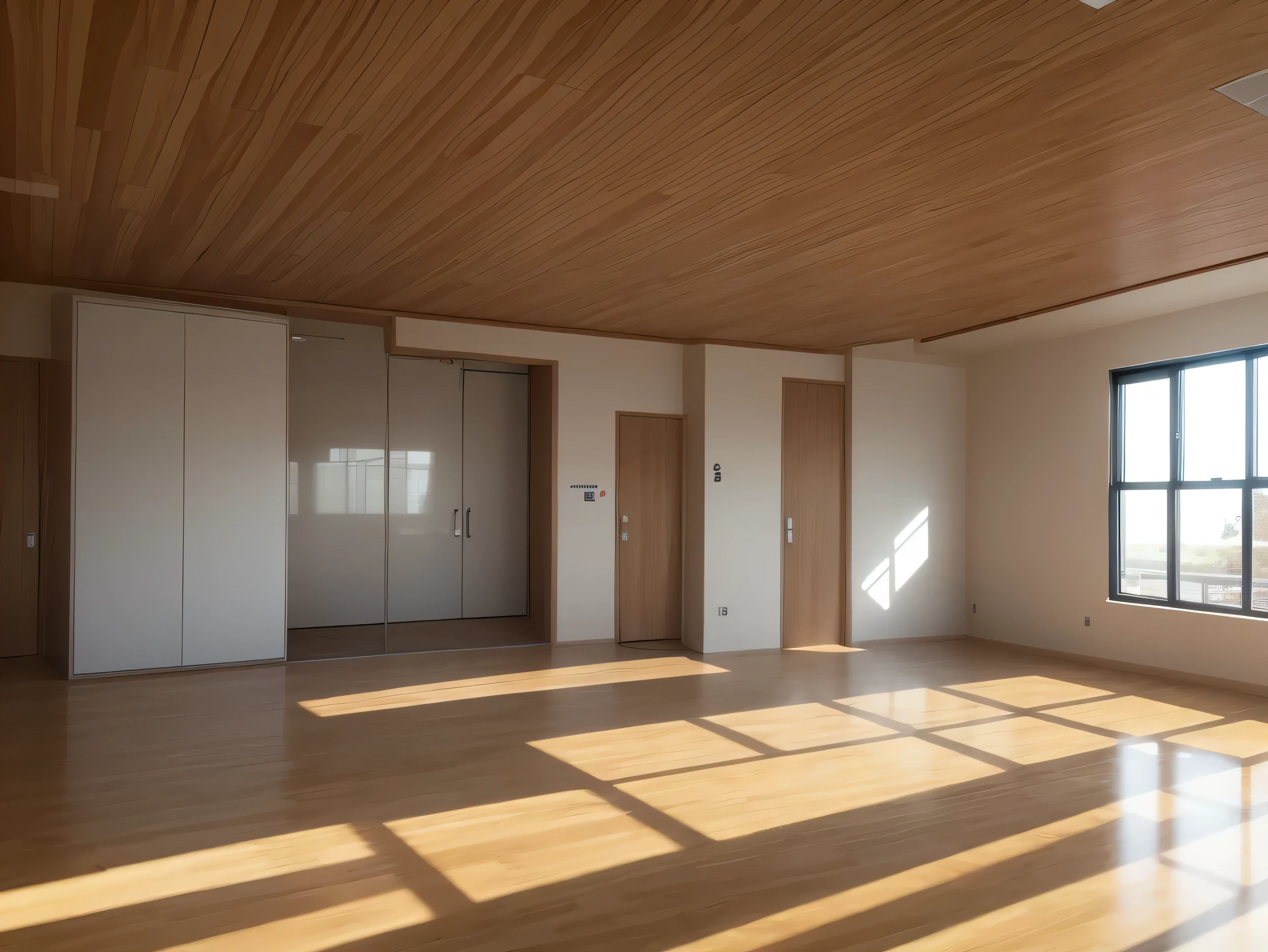 surreal scene，4K，Bright activity room in school，empty room，There are no tables or chairs on the floor，Wood color style，Cabinets on the back wall，Has a large display，The camera is positioned higher in the corner，Very high viewing angle，warm light，soft light，No outdoor window lights