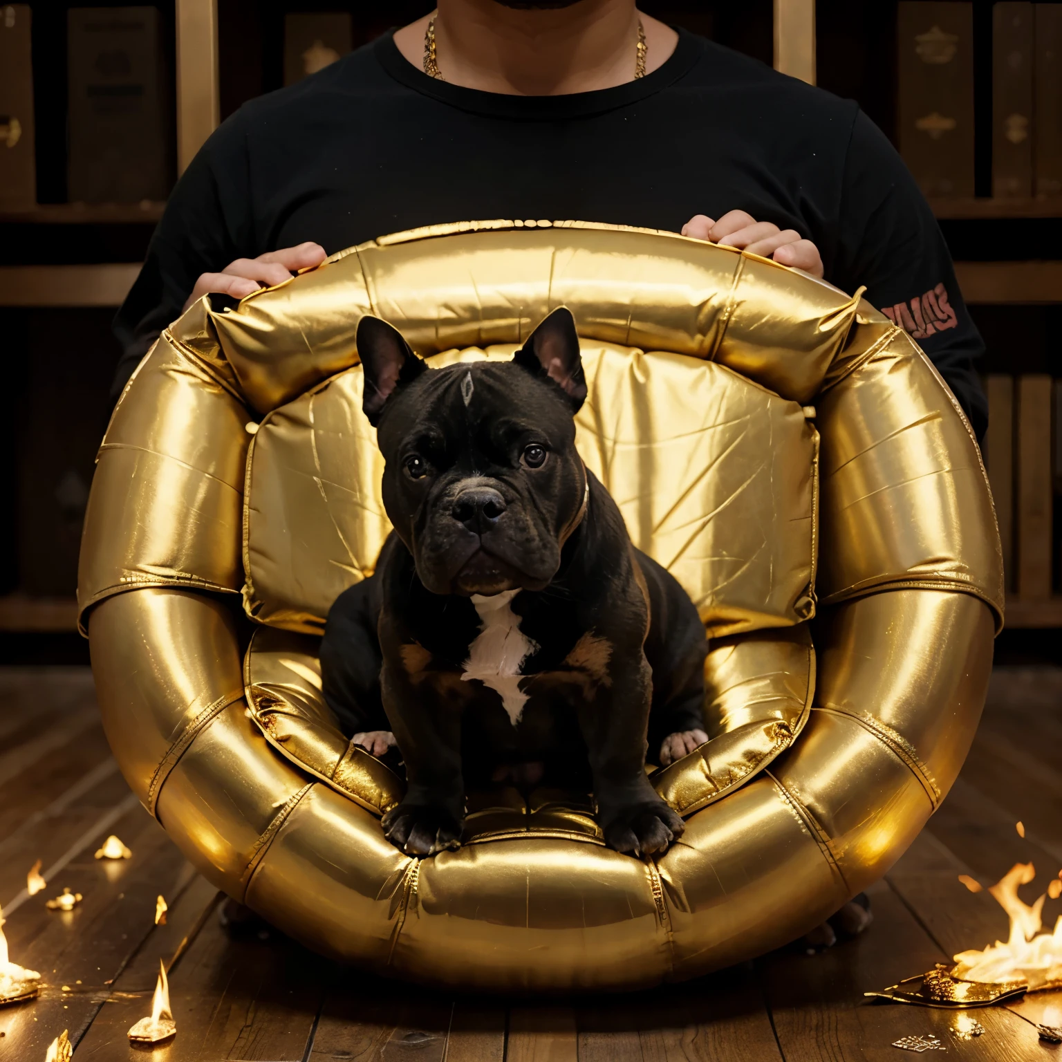 American bully metallic gold color,sobre un cartel que diga el toque de Midas en letras rojas ,con u. where fire ,Midas hand behind the American bully 