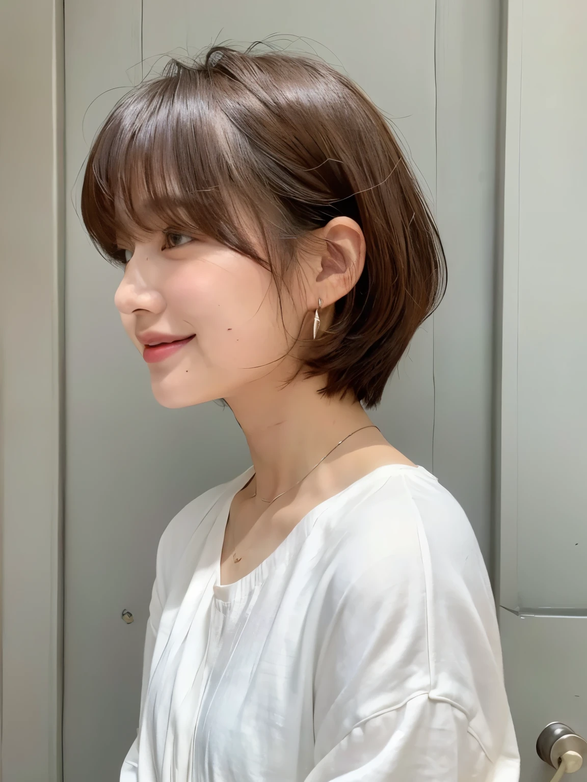 white wall、Taken in front of the white door、(8K、Raw photo、highest quality、masterpiece:1.2)、High-definition RAW color photo、professional photos、(realistic、フォトrealistic:1.37)、Photographed in natural light、1 girl、laughter、various poses、spring clothes、 necklace、(Beautiful profile:1.3)、Don'don't look at the camera、profile、shortcut、((black hair))、short hair、Photographed in natural light、earrings、light gray long sleeve dress、normal human face、Normal eyes、dark brown eyes