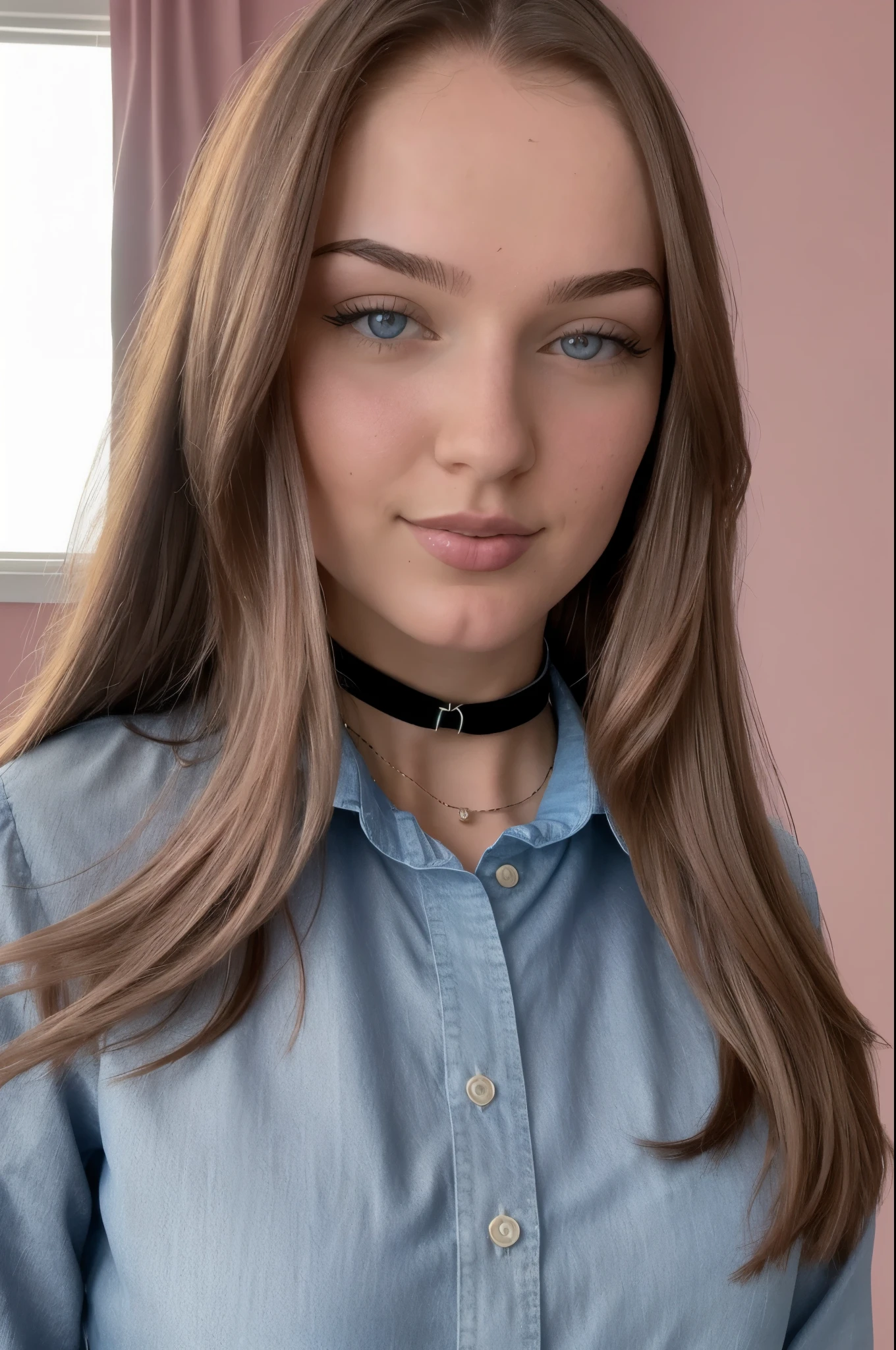 Photo of Katharina, a 18 year old long hair burnette 170 cm, 70kg, feet size 37 EU cute girl, ONLY VISIBLE FROM LIPS BELOW((best quality, masterpiece))(full body, RAW COLOR PICTURE), ((collared shirt, E-GIRL choker):1.2), Indoors, bedroom, house background ((detailed eyes, detailed face):1.2, pink lips), High Image Texture Quality.
