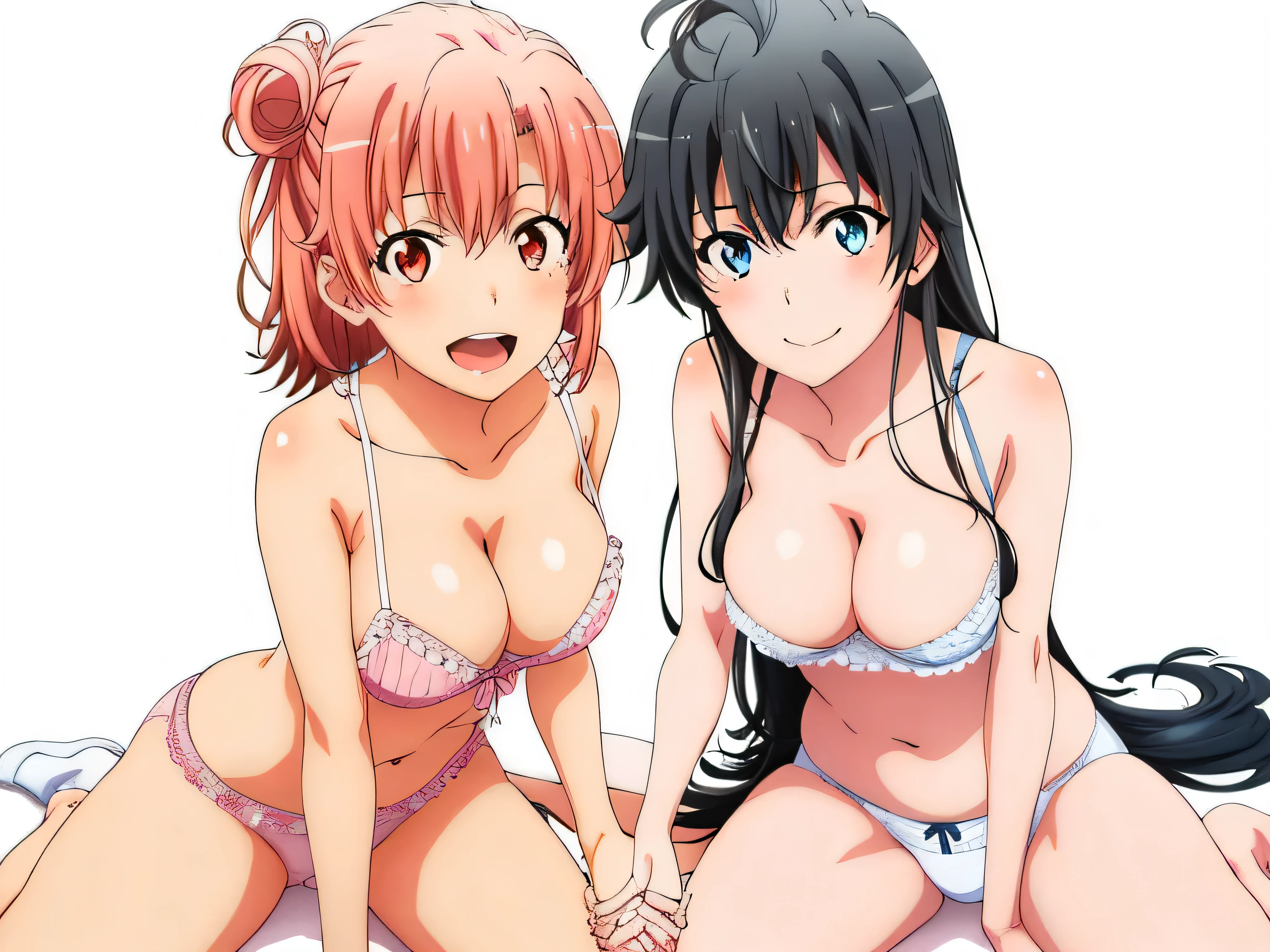 2 girls , Yukinoshita Yukino , yuigahama yui has good shaped breasts, waltz dance , In underwear,look forward,hold hands,raise your legs,spread legs,whole body,Pink silk panties,white silk panties,thighs,high angle,open your mouth,smile,beautiful eyes,Clear eye color,