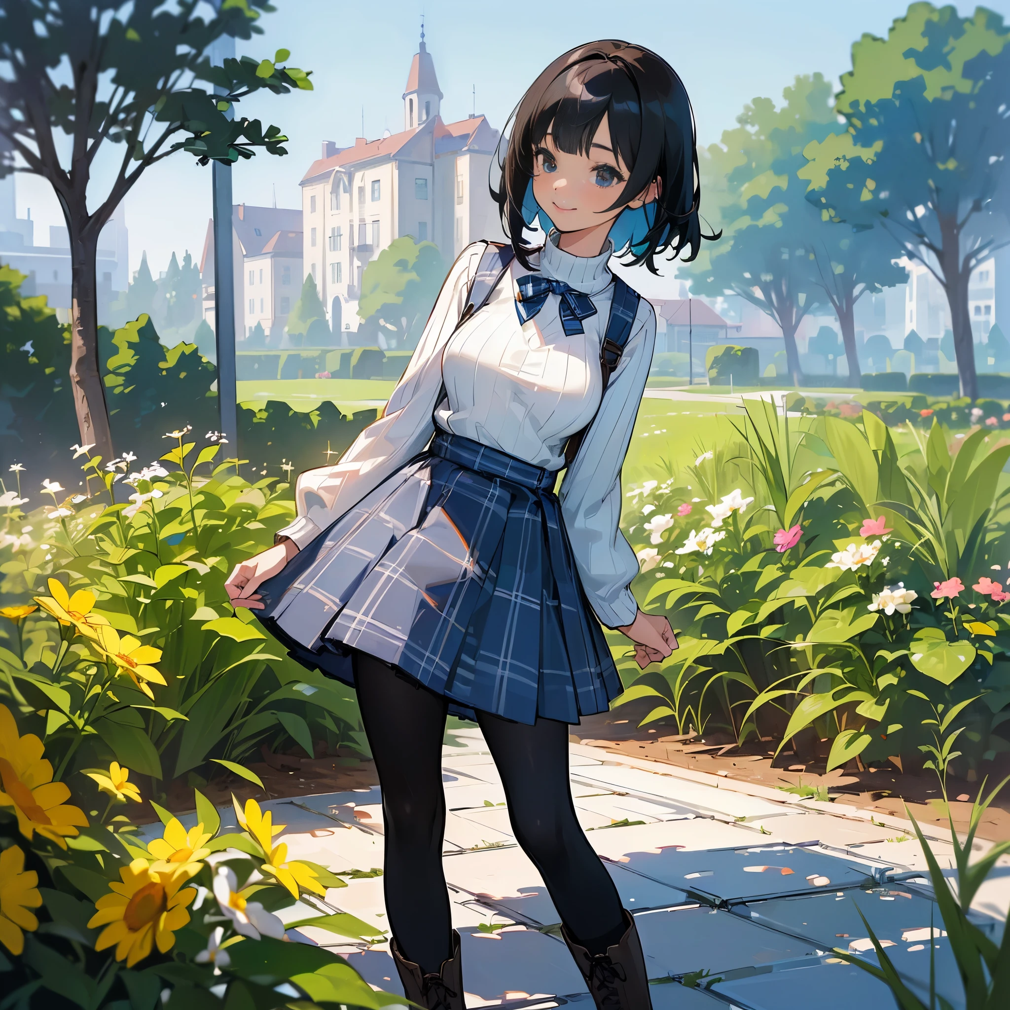 (high quality, High resolution, Super detailed, reality:1.37), peaceful atmosphere, (outdoor, garden), girl standing alone, (my breasts are big.), Beautiful detail features, cute smile, (black bob hair), ribbed sweater, blue plaid skirt, black tights, brown boots.