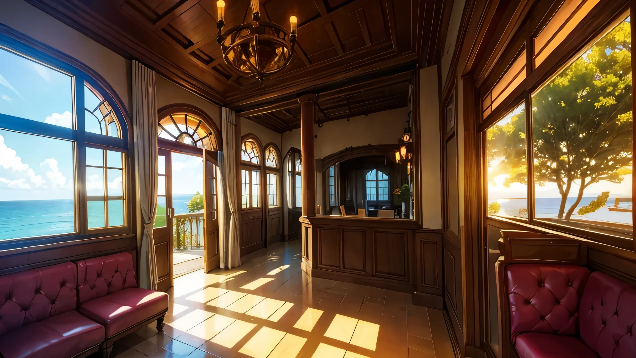 visual novel background, ((fantasy inn entrance)), front desk, waiting room with a sofa and tables, sunlight through windows, trees visible through window faintly blocking the ocean, (warm colors), extremely detailed
