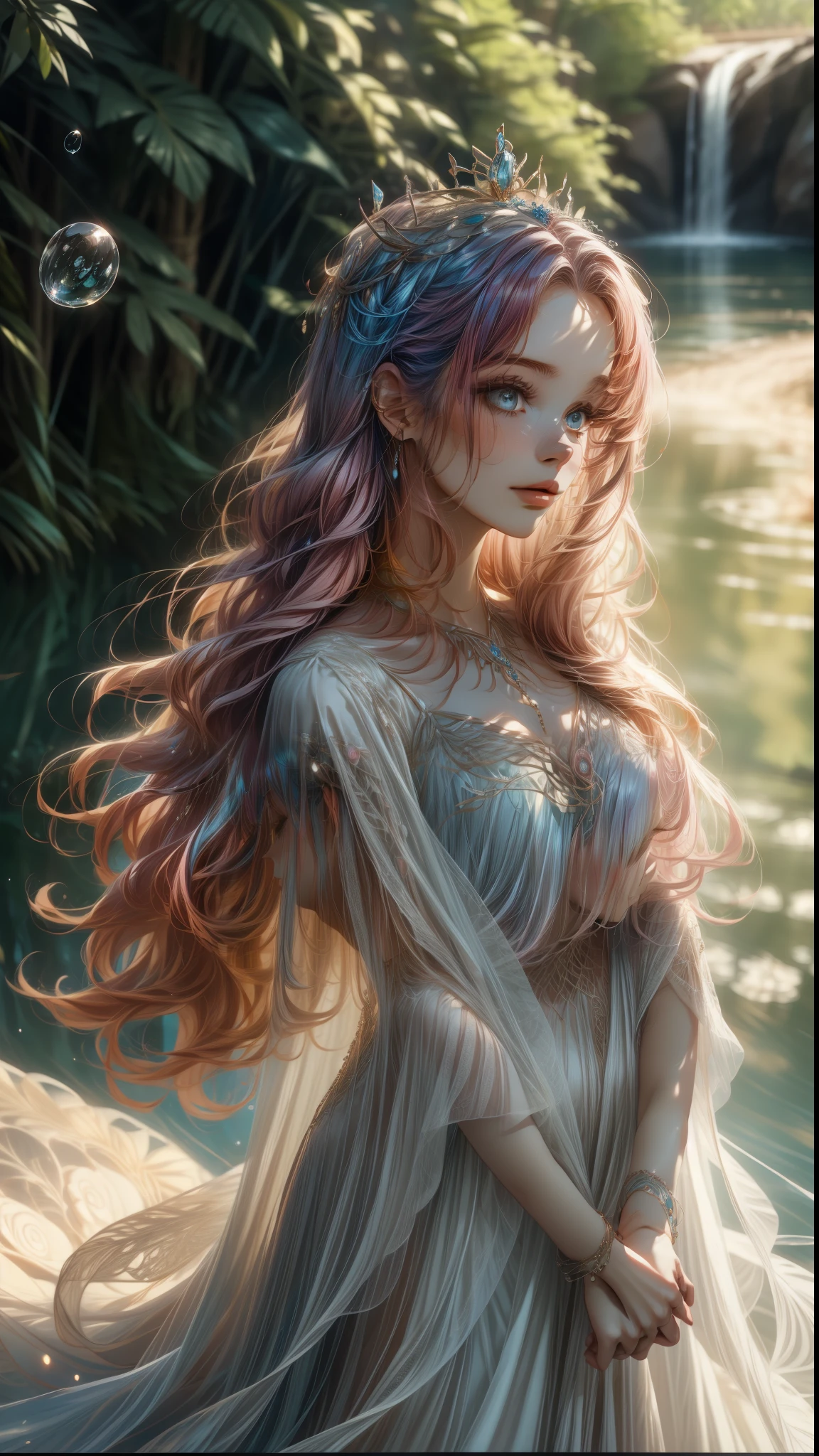 A captivating scene emerges from a canvas-like photograph. A stunning woman, with cascading waves of long hair that blends vibrant pink and cool blue, graces the center. She's adorned in a flowing white dress, its delicate fabric etched with whimsical floral patterns. A crown, shimmering with jewels, rests upon her head, and other exquisite jewelry adorns her. The scene unfolds against a dreamlike backdrop of cascading water, wispy bubbles adding a touch of whimsy. The entire image is imbued with a soft, painterly quality, as if brushed onto existence.