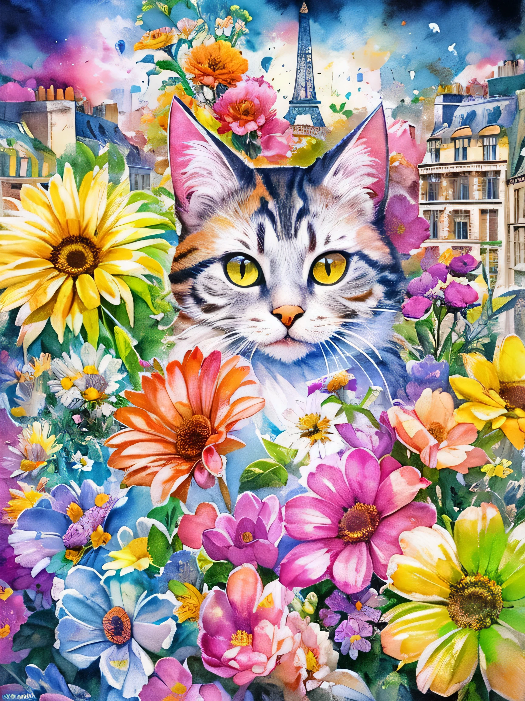 8K quality, Sylvia Pelissero watercolors, intense watercolor, watercolor detailed art, watercolor splash, surreal, avant-garde pop art, Beautiful and expressive paintings, Beautiful artwork illustration, very colorful tones, wonderful, cool beauty, highest quality,official art, vector art,stylish design, (((1 cat))), (((highest quality))), HDR, ((Detailed details)), (((graffiti art))), ((masterpiece))、((Super detailed))、(((colorful flowers)))、(((Paris cityscape)))