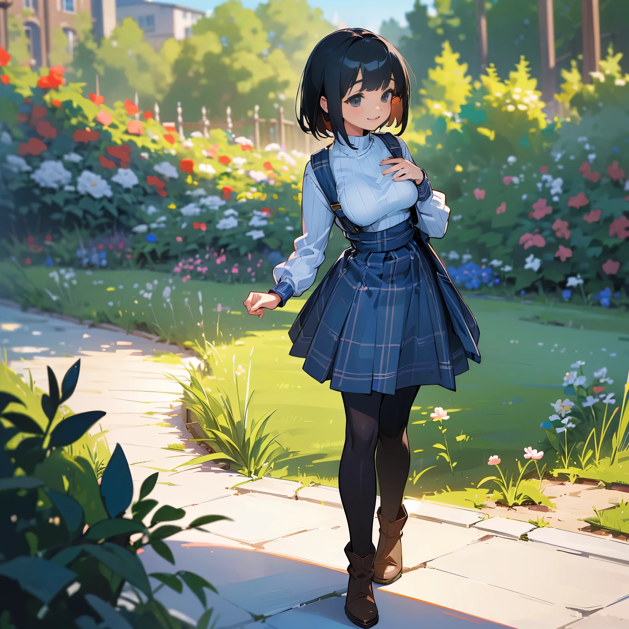 (high quality, High resolution, Super detailed, reality:1.37), peaceful atmosphere, (outdoor, garden), teenage girl standing alone, (my breasts are big.), Beautiful detail features, cute smile, (black bob hair), ribbed sweater, blue plaid skirt, black tights, brown boots.