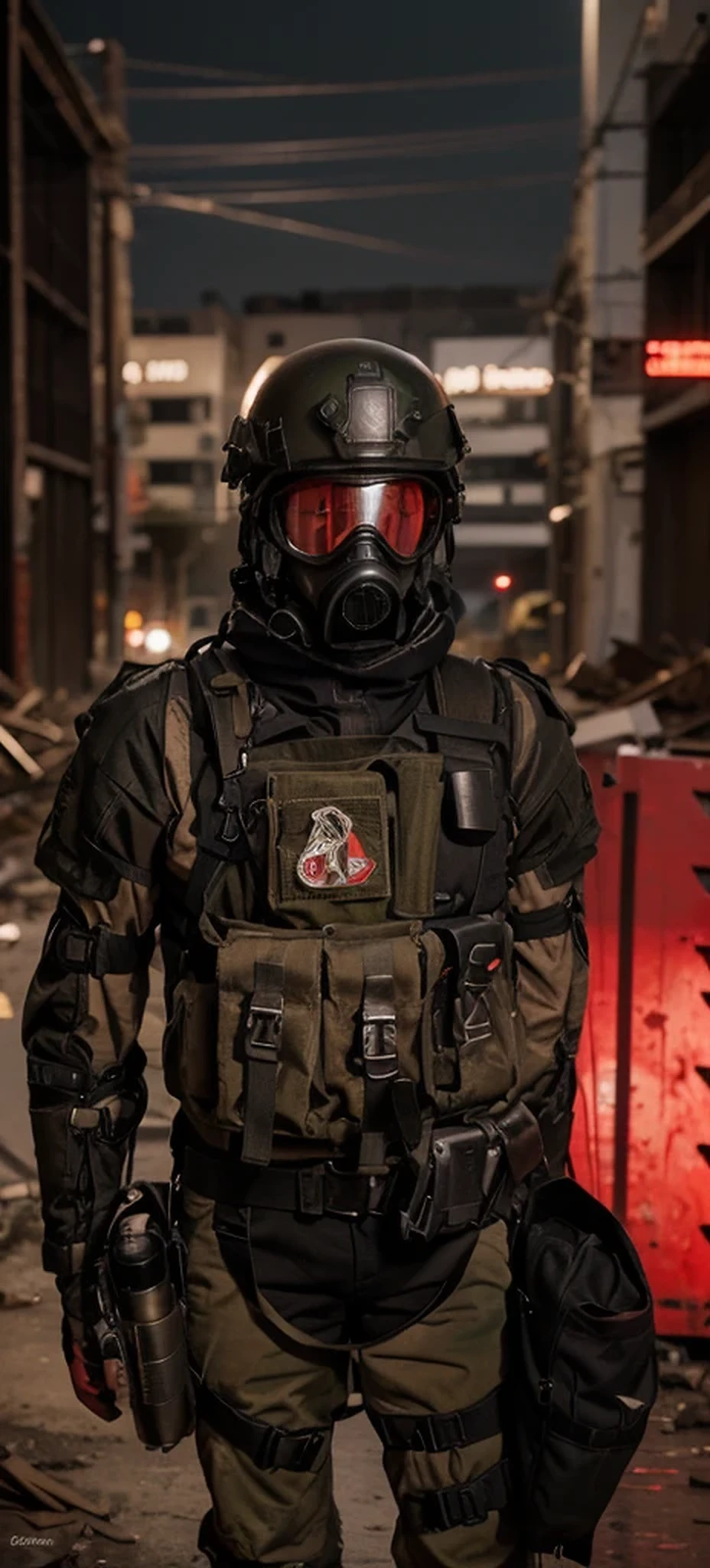male soldier, red overalls with black details, black military helmet, tactical gas mask with crimson glass, red emblems, black heavy tactical bulletproof vest, black leather gloves, ammunition belt and harness, red military pants, military bag on one of his legs, is in a totally destroyed post apocalyptic city, 4k, ultra detailed image, realistic, very detailed, perfect composition, splendid, intricately detailed, incredibly detailed, art photography 8k, hyper detailed, Masterpiece, ultra detailed, hyper realistic, 4k, ultra detailed image , realistic, highly detailed, perfect composition, splendid, intricately detailed , incredibly detailed, Artistic photography in 8k, hyper detailed