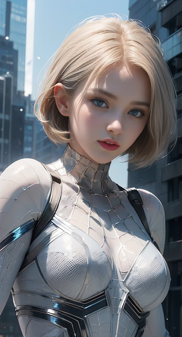 (1girl: 1.3), solo, beautiful face, (((extremely detailed face))),(((extremely detailed face and eyes)),beautiful detailed eyes, body-parts__, official art, 8k unified wallpaper, super detailed, beautiful and aesthetic, beautiful, masterpiece, best quality, raw, masterpiece, super thin photo, best quality, super high resolution, photorealistic realism, sunlight, full body portrait, amazing beauty, short blonde haircut, dynamic pose, delicate face, vibrant blue eyes, (from the front), she is wearing a nylon costume (inspired by Spiderman costume), cosplay ('/Snow/'), metallic silver, transparent white and black color scheme, top of a skyscraper building, very detailed, detailed face, detailed complex busy background, messy, beautiful, milky white, highly detailed skin, realistic skin details, visible pores, sharp focus, volumetric mist, 8k uhd, DSLR, high quality, film grain, fair skin, photorealism, Lomography, Huge Metropolis in Future Dystopia, View from Below, Translucent