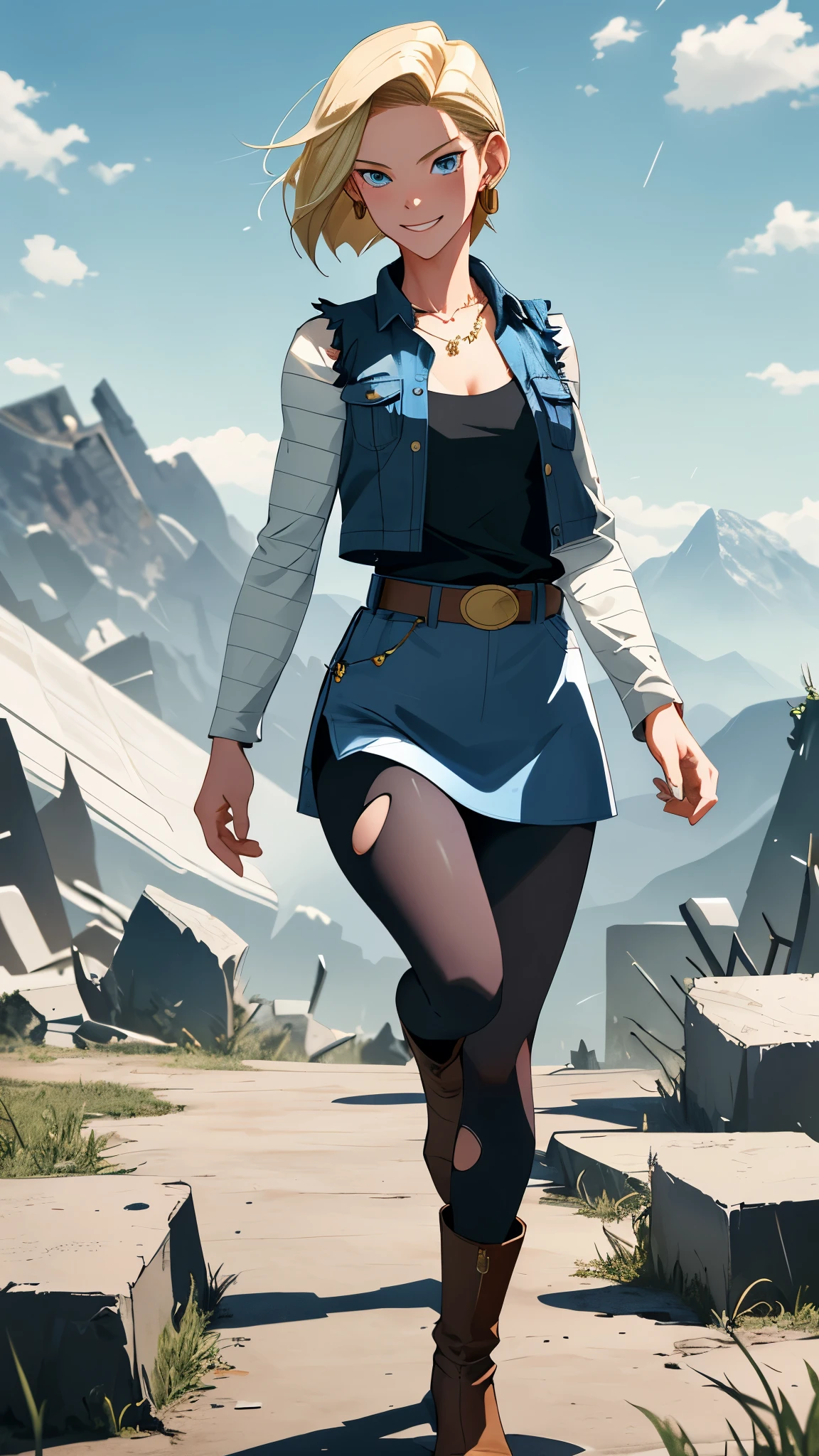 best quality, highres, and18, 1girl, android 18, solo girl, 1girl, blonde hair, blue eyes, belt, boots, tight blue demin skirt, gold_necklace, black shirt, short hair, long striped sleeves, earrings, open vest, denim vest, medium breasts, cowboy shot, mountains, straight-on, (weather: raining and windy), wet body, sexy smile, combat stance, full length pantyhose, battle ruins, wide hips, thick legs, torn clothes, closed fists,