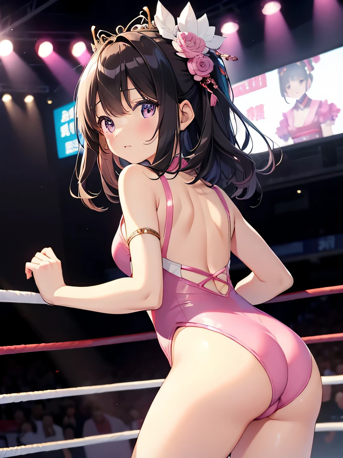 highest quality、very delicate and beautiful、I、I、8--old panese、、Chiquita、Noble、primaryhaired、((pink leotard))、(High leg)、Tiara on the head、laughter、Are standing、triumphant look、(butt)、食い込んだbutt、(turn around)、(The background is professional wrestling)、Audience seats、are fighting