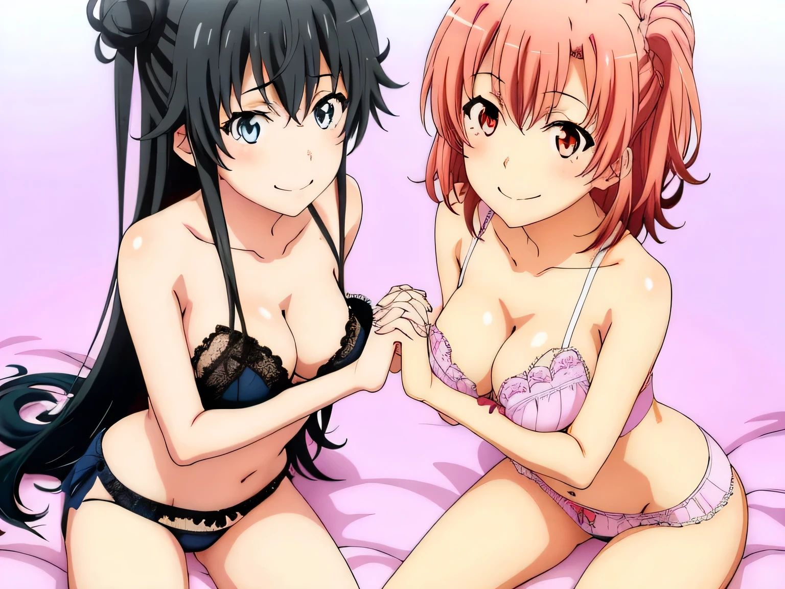 2 girls , Yukinoshita Yukino , Yuigahama Yui has a nice chest shape., waltz dance , In underwear,look forward to,hold hands,raise your legs,spread your legs,whole body,Light blue silk panties,Pink silk panties,thighs,high angle,open your mouth,smile,beautiful eyes,Clear eye color,