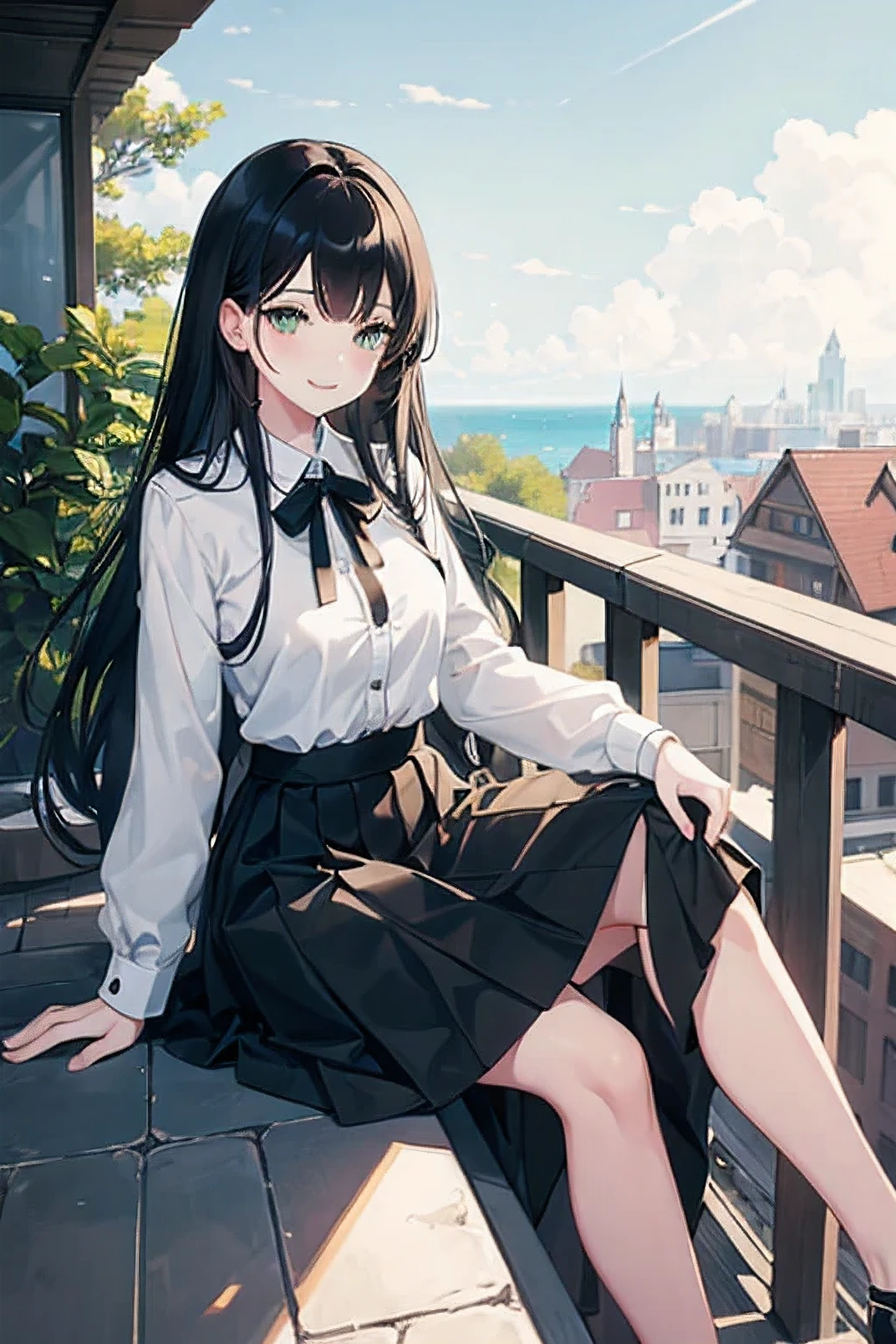 1 girl, green eyes, long black hair, white shirt, black skirt, mature figure, white skin, smiling, sitting on the ledge of balcony