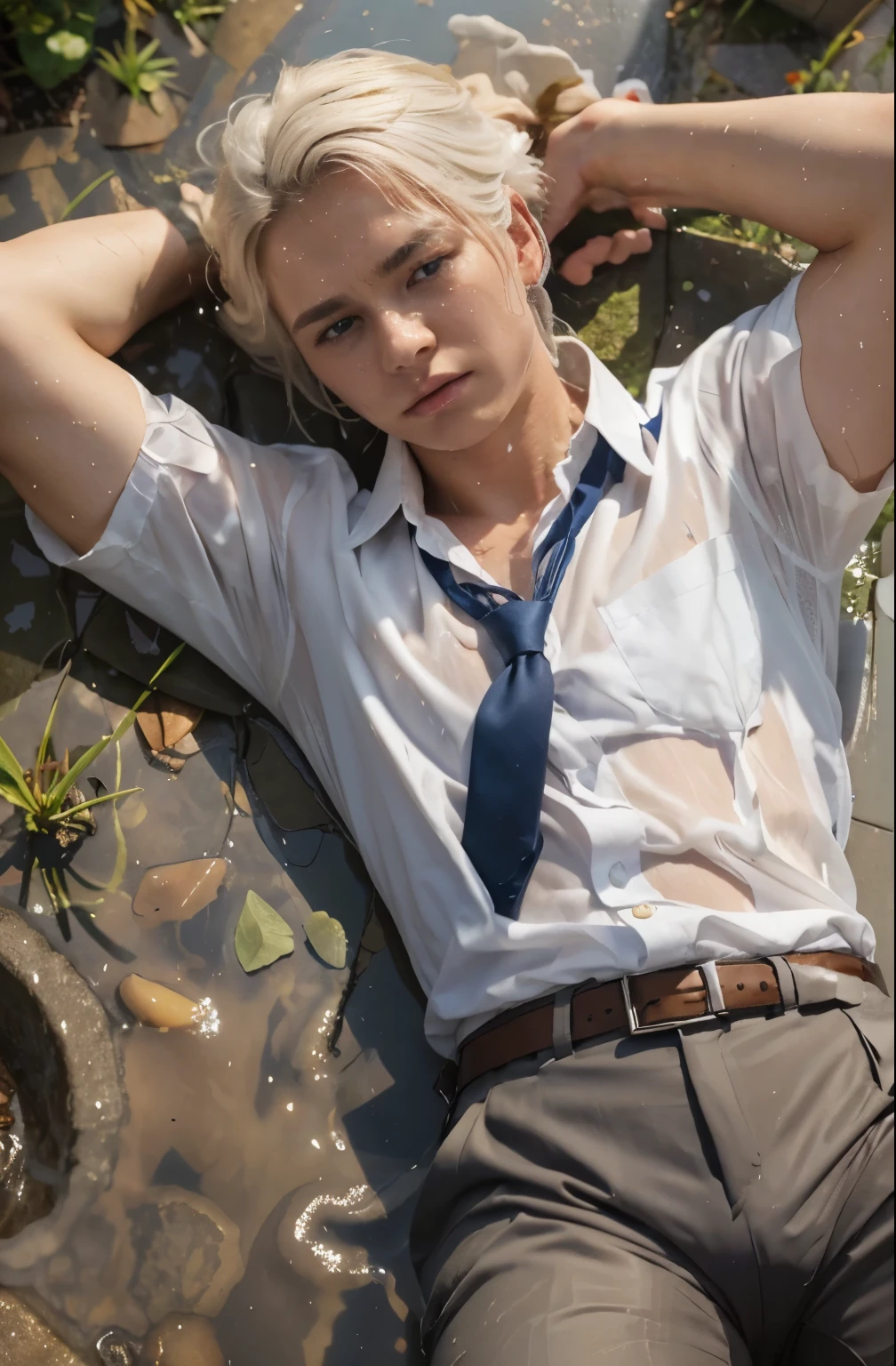 Super Realistic photography, Transparent see through white shirt,(1 Adult male),A high resolution, Sharp focuasterpiece, ((Complicated details)), highly detailed, natsuki_subaru,Multi-view upper body,Suit pants view, 1 man,is shy,Pee on the legs,pissing,Urine runs down the thighs,embarressed,exhilarated,is shocked,panicking,worry,A small puddle of their own urine forms around the feet,full bodyesbian,kneels on the ground,Very eager to pee,It's uncomfortable,Wet yourself,Urine discharge, Sweaty crotch,Drenched,rain,The shirt is soaked,(A gesture of pleading),blue color eyes(eyes glowing), Short gray hair,white shirt,Wear a tie,Wear a belt,Black suit trousers,perspire,look from down