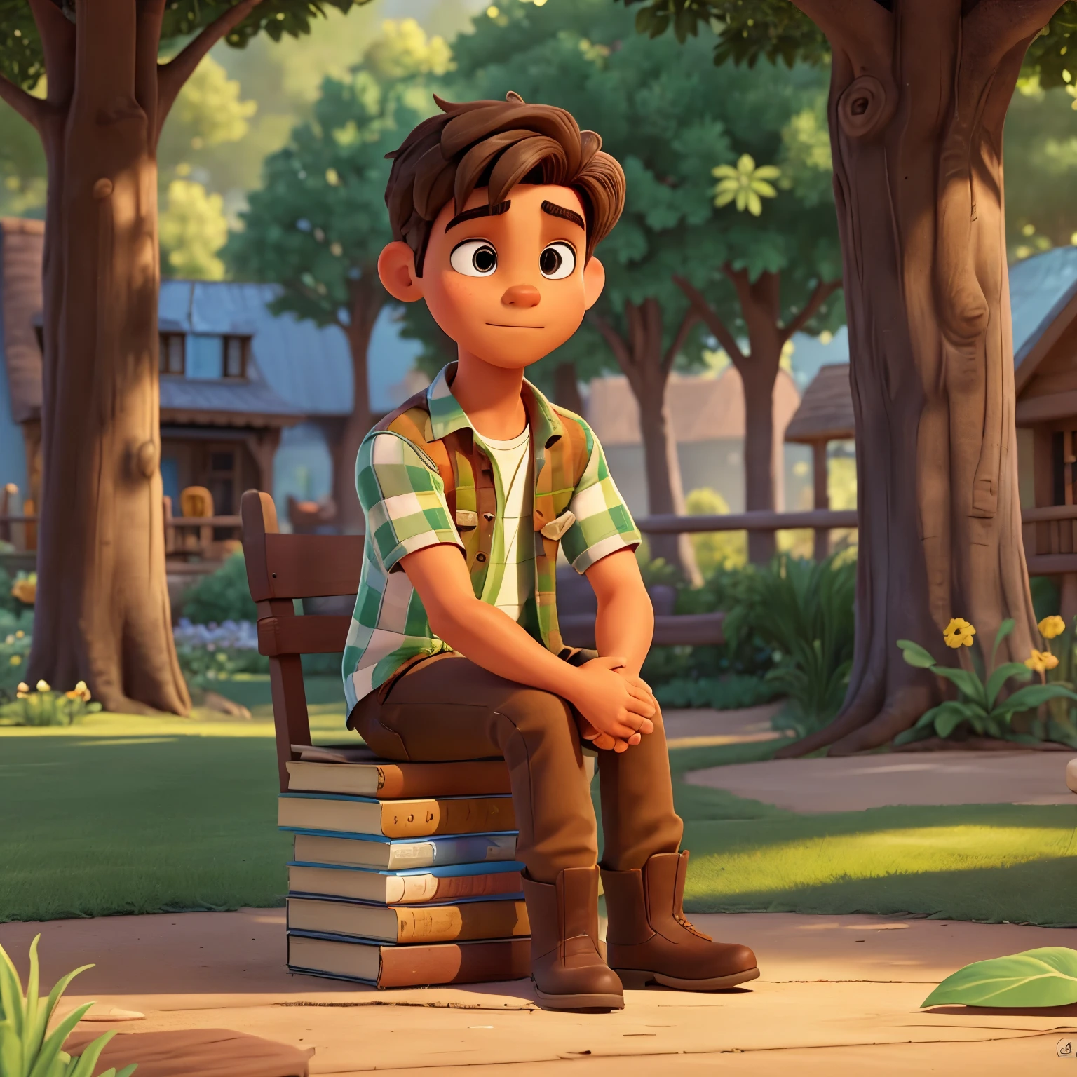 Create a drawing of a Disney Pixar character with brown eyes and hair.

A brown-haired and brown-eyed Disney Pixar character is sitting in a lush, green garden. Sunlight filters through the trees, casting dappled patterns on the ground around him. He is wearing a red and white checkered shirt, rolled up at the sleeves, revealing tanned forearms. His pants are faded denims, and on his feet are sturdy brown boots. In his hands, he holds a pencil and a sketchbook open to a blank page. A look of deep concentration is etched on his face as he contemplates his next artistic creation. The warm sun rays grazing his skin