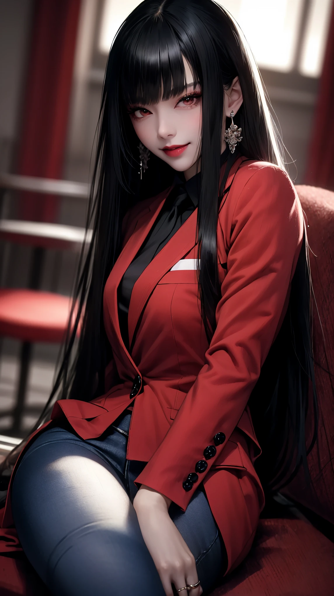 Yumeko Jabami, olhos vermelhos, Yumeko Jabami, red eyes half-open lips (toupeira sob o olho:0.8), Yumeko Jabami milf, sorriso maligno, curved, Uniforme, jaqueta de couro, saia, seios pequenos, (inclinando-se para frente:1.2), olhando para o espectador, Bokeh, Film grain, (De baixo), epic photo, boca fechada, pink lips and red eyes, garota de cabelos escuros e cacheado, linda, magical aura, Yumeko Jabami tem olhos vermelhos, olhos de cor carmesim, ela tenho olhos escarlate, ela anda em um corredor escuro, sua belaza se dustancando entre o lugar, seus olhos vermelhos brilhando, Yumeko Jabami usa uma jaqueta de couro, blusa curta, todos tem medo dela, ela usa uma calsa jeans