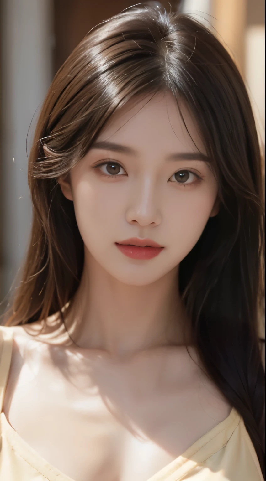 ((Realistic lighting, best quality, 8K, masterpiece:1.3)), sharp focus:1.2, 1 girl, (sexy pose:1.4),(shining face,perfect face,A face full of purity,masterpiece),(Beautiful woman with perfect body:1.4), slim abs:1.1, ((Dark brown hair)), (External,night:1.1),indoor,Super face slimming,narrow eyes,double eyelids,split,(Camerpillar top:1.4)