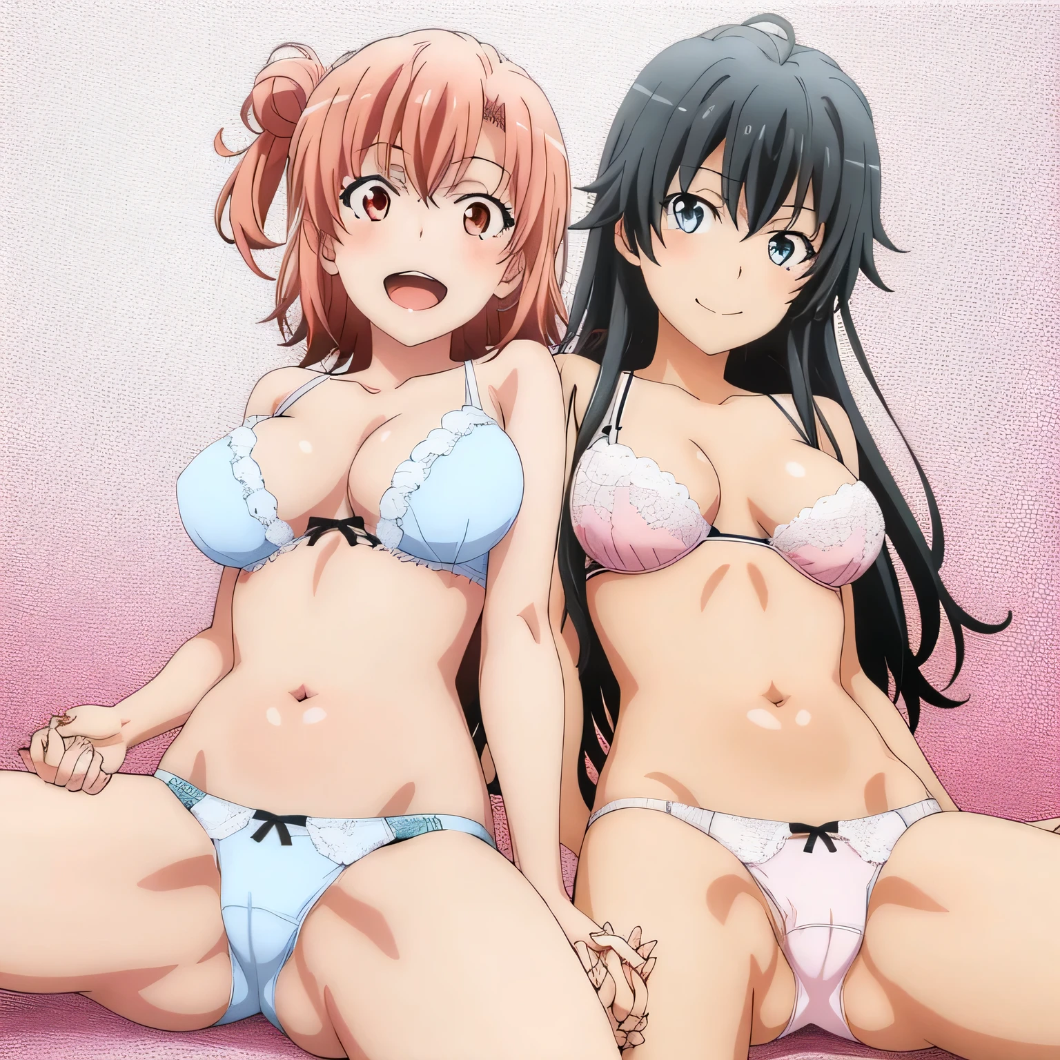 2 girls , Yukinoshita Yukino , Yuigahama Yui&#39;s breasts and crotch are in good shape., waltz dance , In underwear,look forward to,hold hands,raise your legs,spread your legs,whole body,pink silk panties,white silk panties,thighs,high angle,open your mouth,smile,beautiful eyes,Clear eye color,