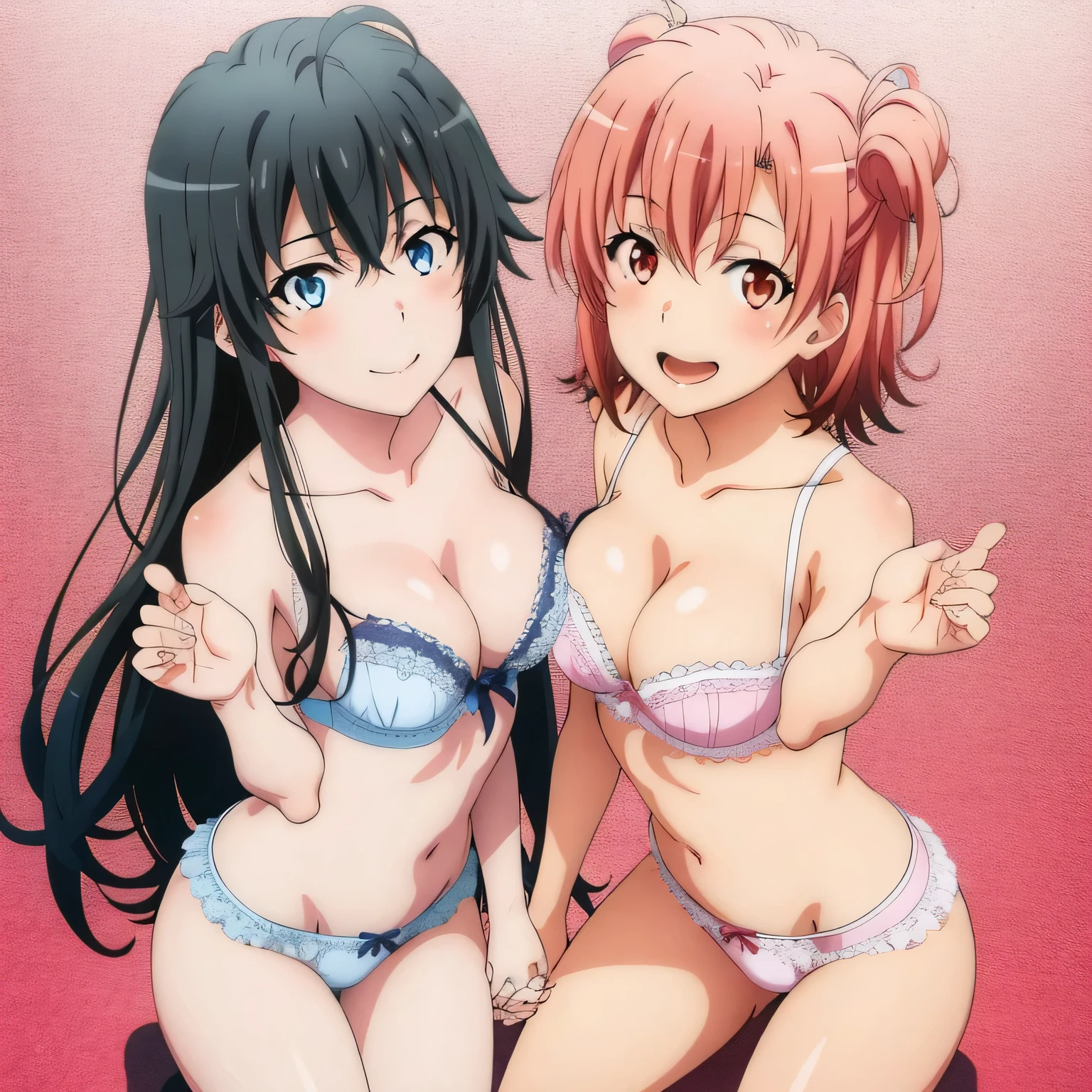 2 girls , Yukinoshita Yukino , Yuigahama Yui's breasts and crotch are in good shape., waltz dance , In underwear,look forward to,hold hands,raise your legs,spread your legs,whole body,pink silk panties,white silk panties,thighs,high angle,open your mouth,smile,beautiful eyes,Clear eye color,