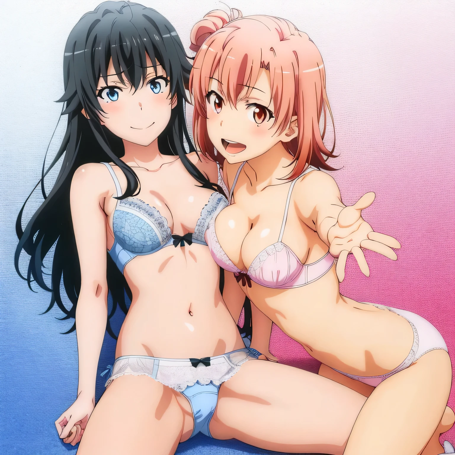 2 girls , Yukinoshita Yukino , Yuigahama Yui&#39;s breasts and crotch are in good shape., waltz dance , In underwear,look forward to,hold hands,raise your legs,spread your legs,whole body,pink silk panties,white silk panties,thighs,high angle,open your mouth,smile,beautiful eyes,Clear eye color,