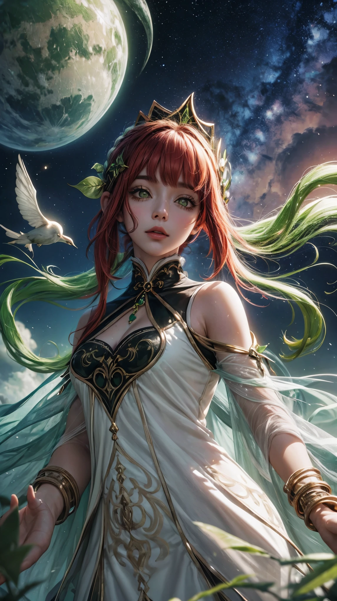 "((inocente)) garota, Hora dourada, prado sonhador, ethereal, Caprichoso, flowing dress, luz solar suave, encantador, Asas de borboleta, (nuvens pastel), liquid reflections, 1 garota num lago, numa floresta com logas trees, lugar escuro , standing, garota de corpo inteiro, night and starry sky, trees, linda, magical aura, a garota tem olhos vermelhos, olhos de cor carmesim, ela tenho olhos escarlate, flores, a garota usa uma jaqueta de couro vermelho, blusa preta e calsa marrom, foco no rosto dela, seu cabelo cacheado tem cores diferentes, cabelos cacheados de tom escuro, ele tem marchas verdes no seu cabelo, She is beautiful, ela olha para lua e as estrelas, parece triste, is accompanied by a frightening shadow, she is accompanied by monsters, 1 garota de cabelos escuros e cacheado, linda, magical aura, a garota tem olhos vermelhos, olhos de cor carmesim, ela tenho olhos escarlate
