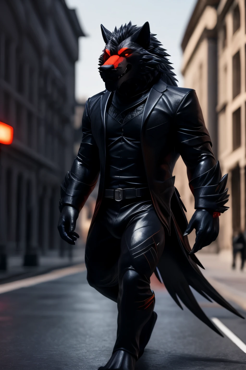 Five sleek black wolves, with fiery red eyes, proudly wear black tunics and collared black shirts as they stroll with an elegant human-like gait, blending the lines between beast and man. (by Shadowrunner76, by Ravenshadow, by Nightprowler, high definition, masterpiece, exquisite anatomy, hyper-realistic rendering, depth of field, vivid, expressive eyes)