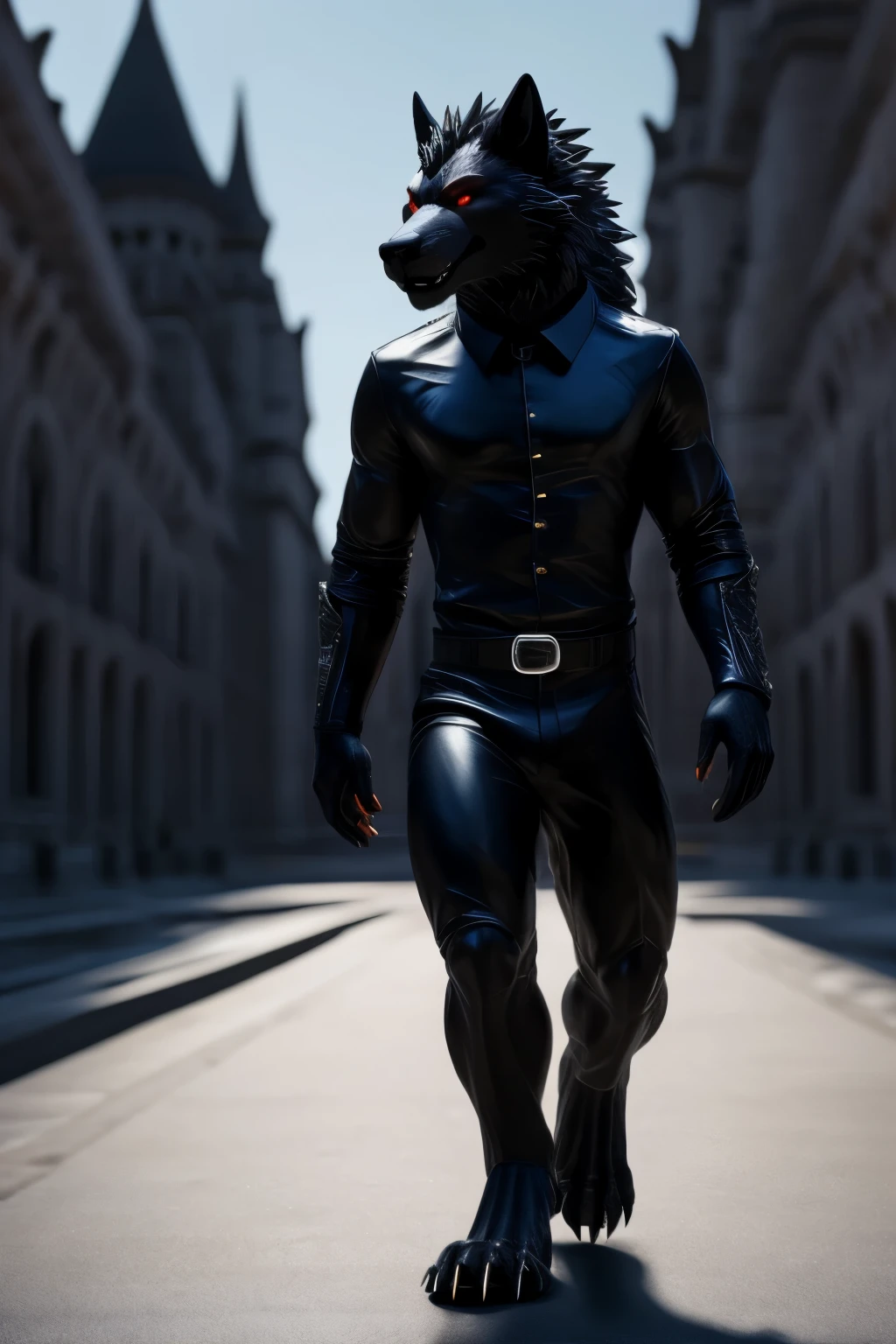 Five sleek black wolves, with fiery red eyes, proudly wear black tunics and collared black shirts as they stroll with an elegant human-like gait, blending the lines between beast and man. (by Shadowrunner76, by Ravenshadow, by Nightprowler, high definition, masterpiece, exquisite anatomy, hyper-realistic rendering, depth of field, vivid, expressive eyes)