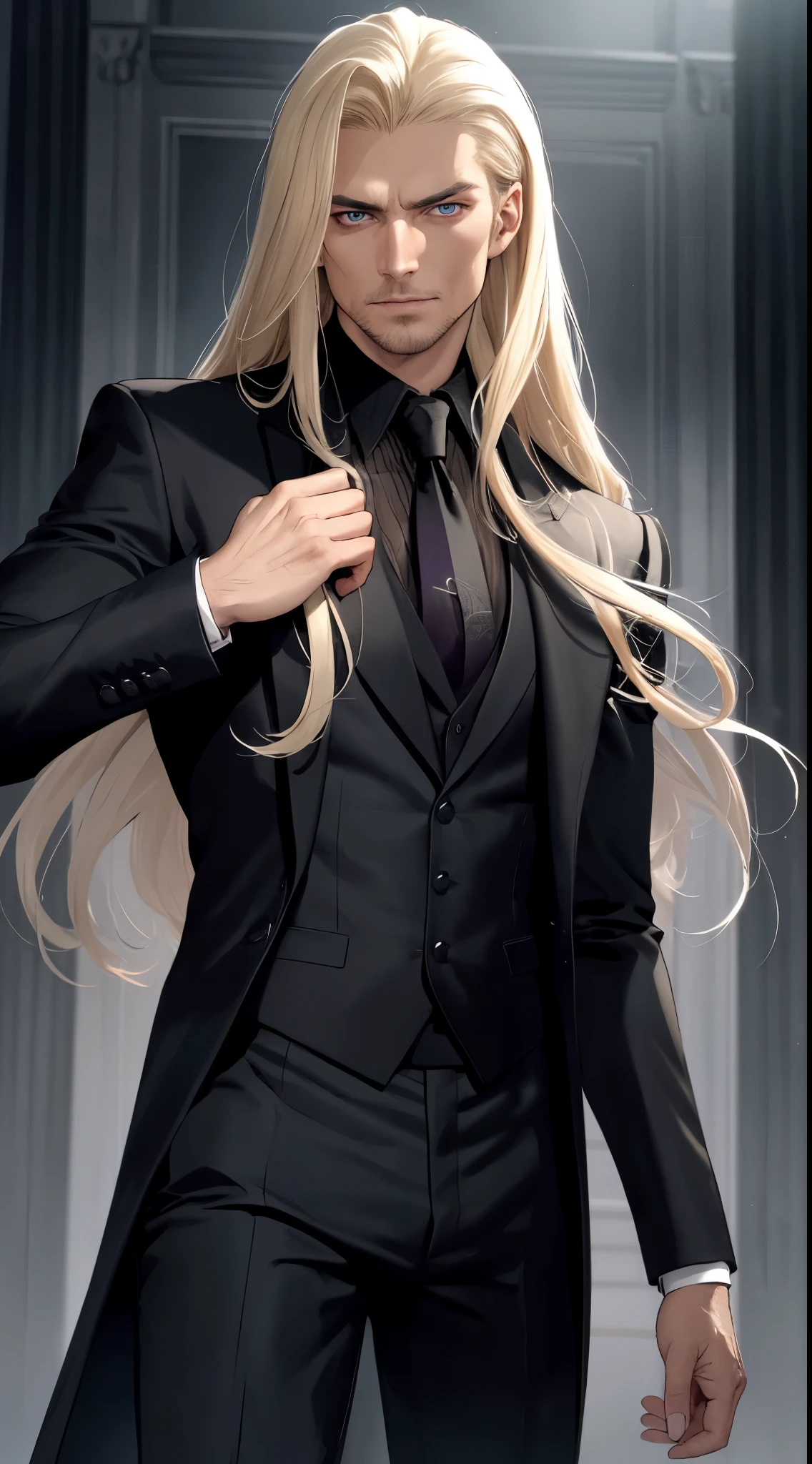 (best quality:1.4), masterpiece, ultra-detailed, realistic evil cowboy, intense gaze, enigmatic smile, dark gothic atmosphere, handsome man, tousled blonde hair, piercing blue eyes, hypnotic gaze, long flowing hair, fair complexion, elegant black suit, tailored black pants, exquisite black jacket, sophisticated black tuxedo, regal purple Renaissance shirt, crimson blood accents, mysterious demeanor.