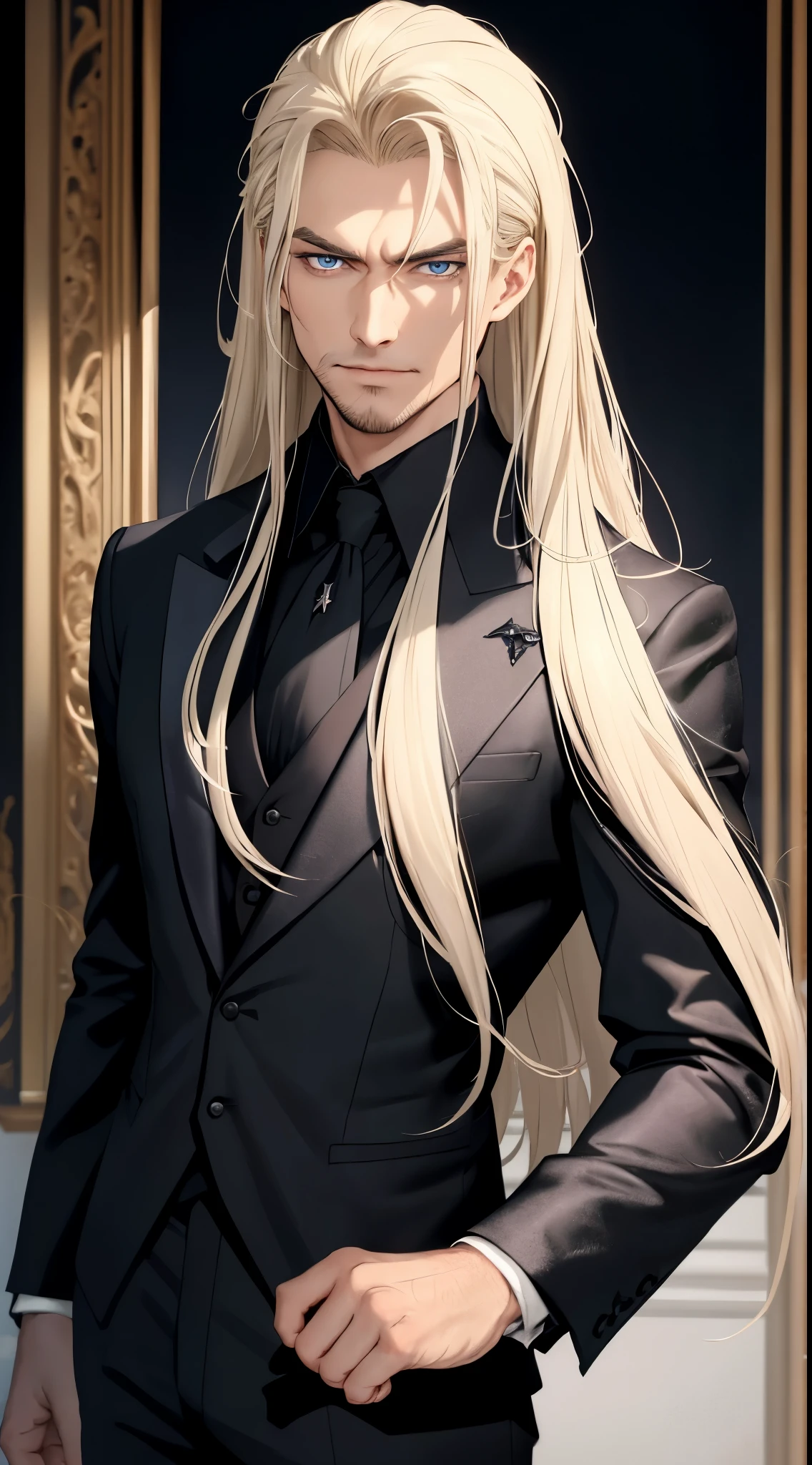 (best quality:1.4), masterpiece, ultra-detailed, realistic evil cowboy, intense gaze, enigmatic smile, dark gothic atmosphere, handsome man, tousled blonde hair, piercing blue eyes, hypnotic gaze, long flowing hair, fair complexion, elegant black suit, tailored black pants, exquisite black jacket, sophisticated black tuxedo, regal purple Renaissance shirt, crimson blood accents, mysterious demeanor.