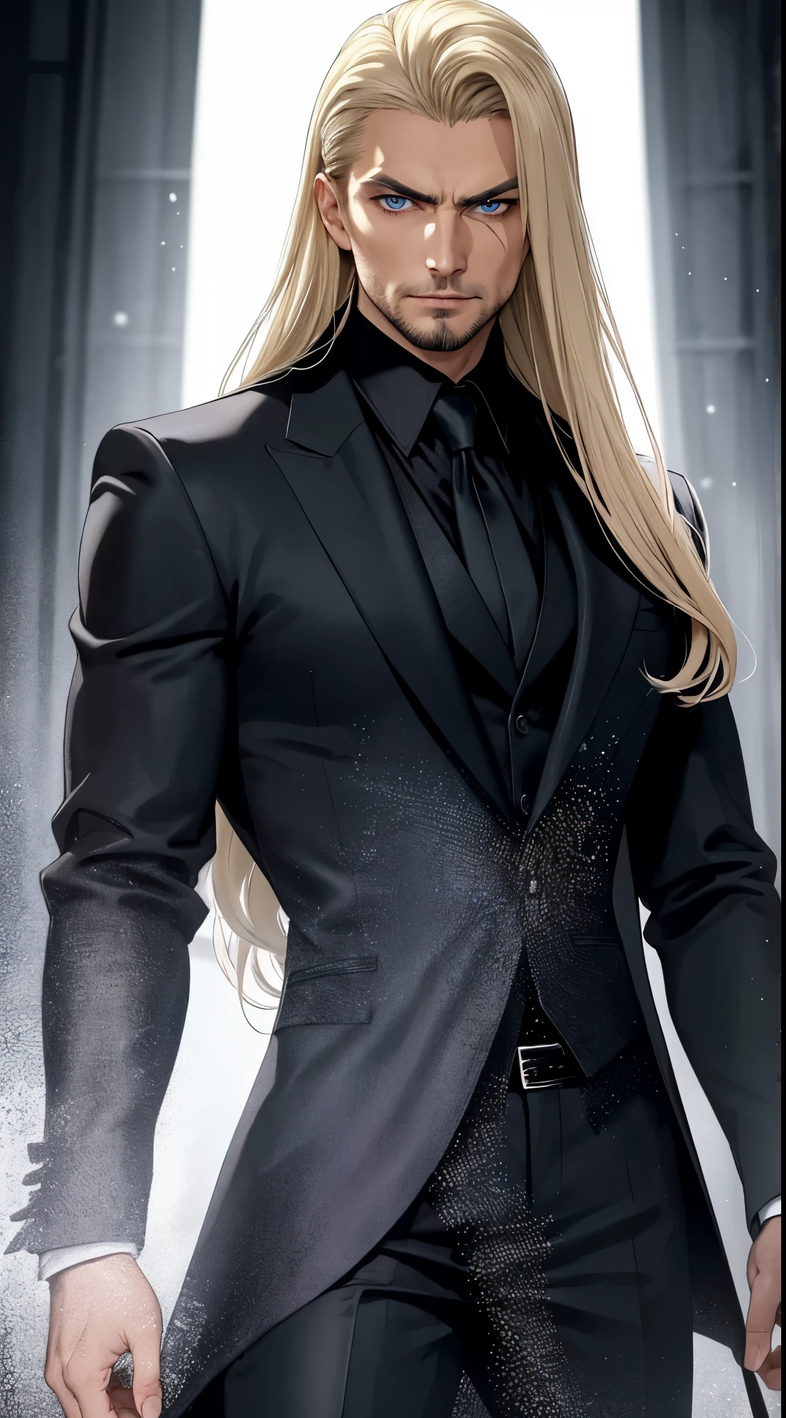 (best quality:1.4), masterpiece, ultra-detailed, realistic evil cowboy, intense gaze, enigmatic smile, dark gothic atmosphere, handsome man, tousled blonde hair, piercing blue eyes, hypnotic gaze, long flowing hair, fair complexion, elegant black suit, tailored black pants, exquisite black jacket, sophisticated black tuxedo, regal purple Renaissance shirt, crimson blood accents, mysterious demeanor.