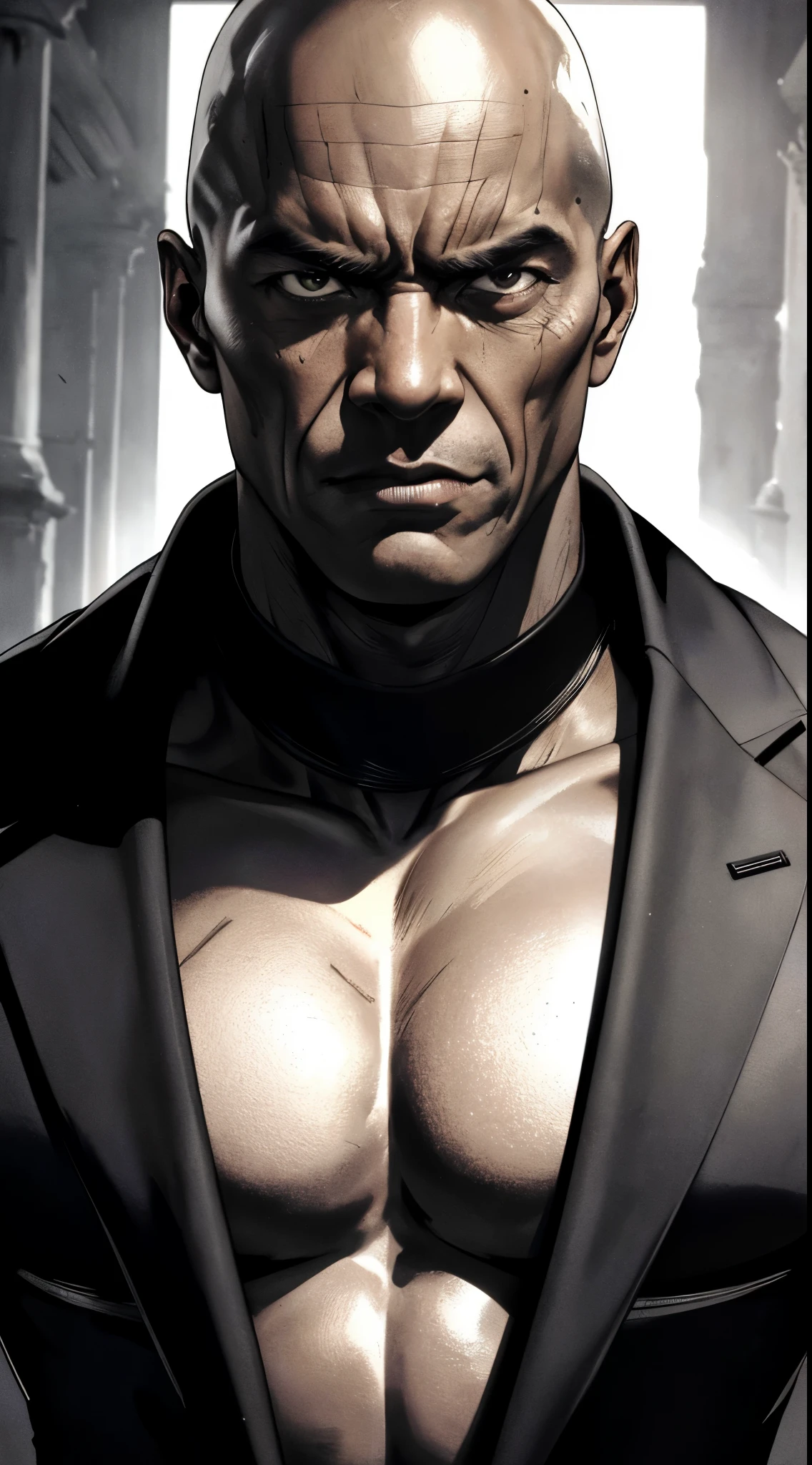 (highres,portraits,realistic:1.37),A tall, strong, big and bald black man in his forties is depicted in this ultra-realistic portrait. The man is dressed in an evil warrior's armor, with pikes shoulder pads, and wearing a black dress. His face is distinguished by its sharp features and a menacing expression. His piercing eyes and detailed lips add depth and character to his visage. The lighting highlights the texture of his muscles, emphasizing his physical strength. The backdrop of the artwork is a destroyed hall in a castle, bringing an atmosphere of darkness and destruction. The overall color tone is muted and dark, complementing the warrior's sinister presence. The image is of the highest quality, allowing for intricate details to be visible, capturing the essence of this menacing character.