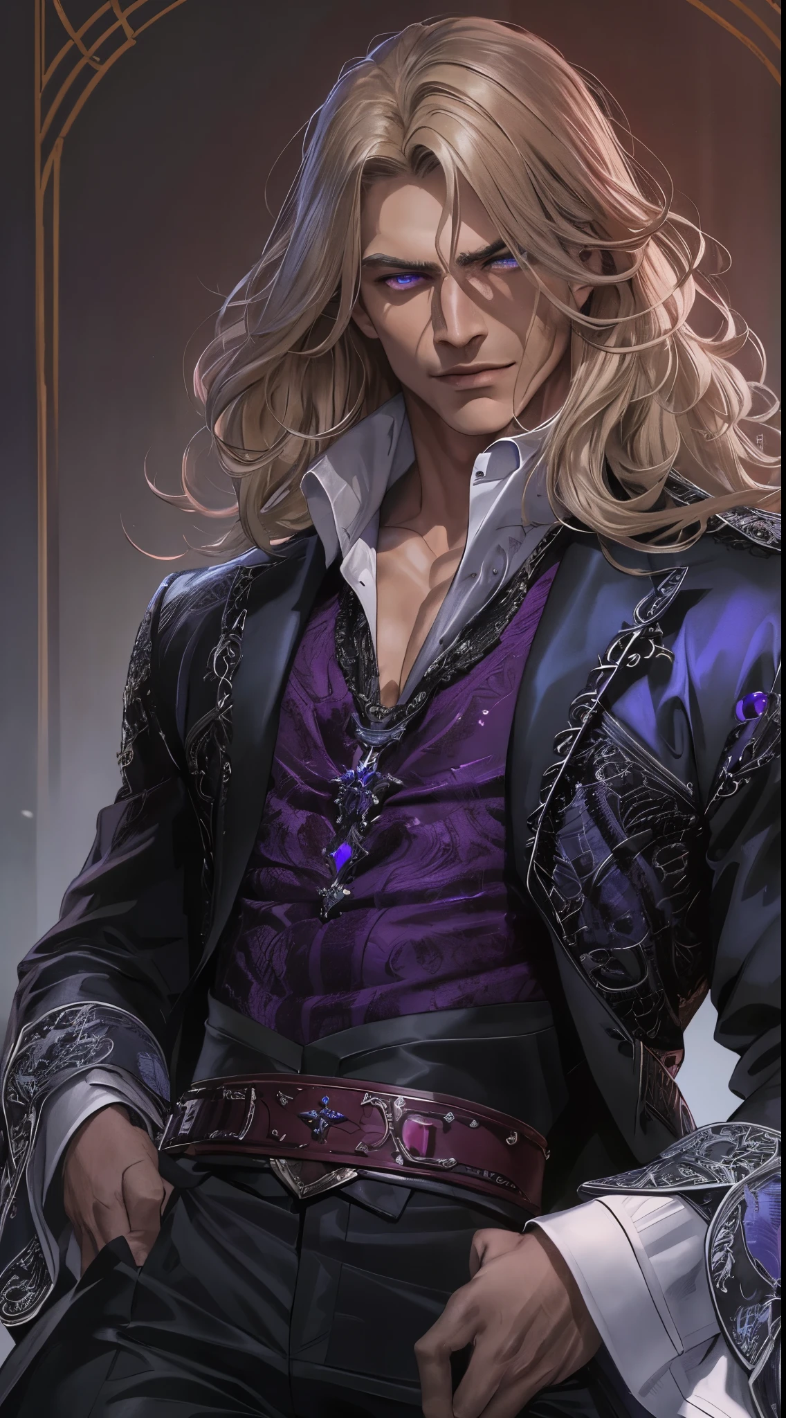 (best quality:1.4), masterpiece, ultra-detailed, realistic evil cowboy, intense gaze, enigmatic smile, dark gothic atmosphere, handsome man, tousled blonde hair, piercing blue eyes, hypnotic gaze, long flowing hair, fair complexion, elegant black suit, tailored black pants, exquisite black jacket, sophisticated black tuxedo, regal purple Renaissance shirt, crimson blood accents, mysterious demeanor. Purple renaissance shirt, blood