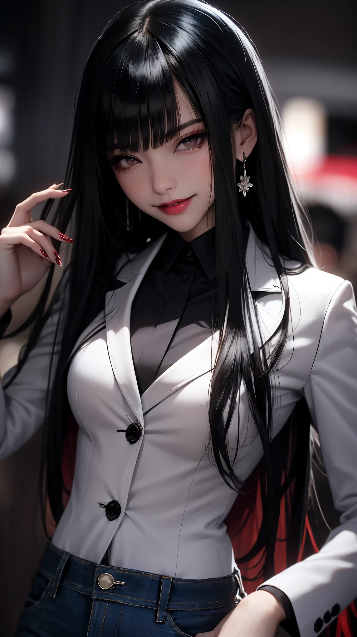 Yumeko Jabami, olhos vermelhos, Yumeko Jabami, red eyes half-open lips (toupeira sob o olho:0.8), Yumeko Jabami milf, sorriso maligno, curved, Uniforme, jaqueta de couro, saia, seios pequenos, (inclinando-se para frente:1.2), olhando para o espectador, Bokeh, Film grain, (De baixo), epic photo, boca fechada, pink lips and red eyes, garota de cabelos escuros e cacheado, linda, magical aura, Yumeko Jabami tem olhos vermelhos, olhos de cor carmesim, ela tenho olhos escarlate, ela anda em um corredor escuro, sua belaza se dustancando entre o lugar, seus olhos vermelhos brilhando, Yumeko Jabami usa uma jaqueta de couro, blusa curta, todos tem medo dela, ela usa uma calsa jeans