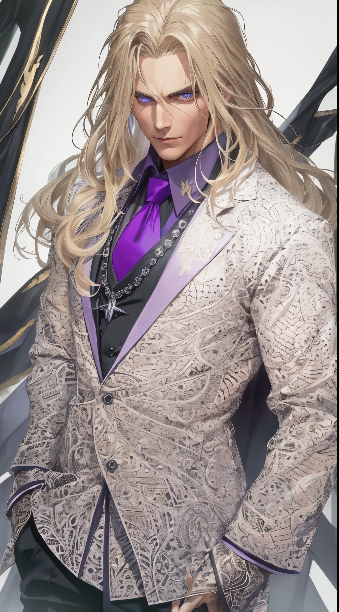 (best quality:1.4), masterpiece, ultra-detailed, realistic evil cowboy, intense gaze, enigmatic smile, dark gothic atmosphere, handsome man, tousled blonde hair, piercing blue eyes, hypnotic gaze, long flowing hair, fair complexion, elegant black suit, tailored black pants, exquisite black jacket, sophisticated black tuxedo, regal purple Renaissance shirt, crimson blood accents, mysterious demeanor. Purple renaissance shirt, blood