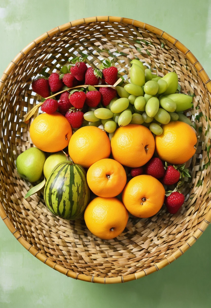 Arrange the fruit in a large woven bamboo bowl,