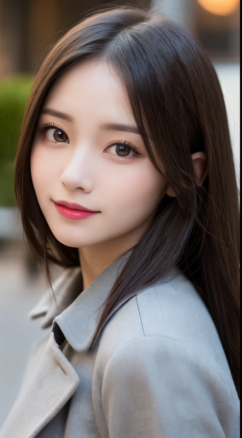 table top, highest quality, shape, Super detailed, finely, High resolution, 8k wallpaper, 完璧なダイナミックな構shape, beautiful and detailed eyes, Gorgeous black fluffy Tokyo winter clothes,ランダムなcute髪,,natural color lip, bold sexy pose,smile、20 year old girl、cute、sexy shot looking at camera,Always blur the background,perfect and beautiful face,Take only the face,Beautiful and dense face、slim face and style,Big eyes、Do gal makeup,small face,Wearing a black luxury brand trench coat