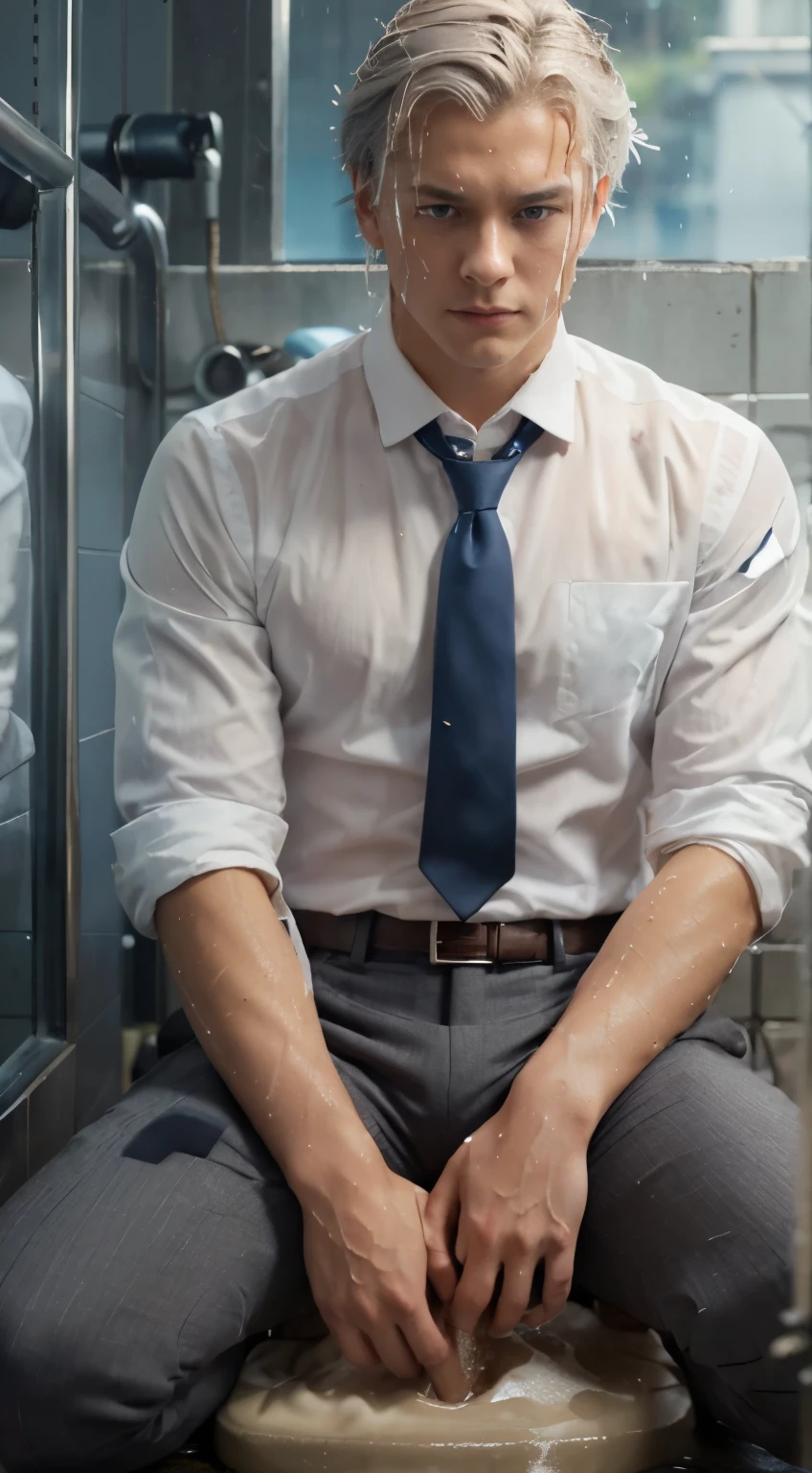 Super Realistic photography, Transparent see through white shirt, 17 yeas old boy,(ung boy),A high resolution, Sharp focuasterpiece, ((Complicated details)), highly detailed, natsuki_subaru,Multi-view upper body,Suit pants view, 1 man,is shy,Pee on the legs,pissing,Urine runs down the thighs,embarressed,exhilarated,is shocked,panicking,worry,A small puddle of their own urine forms around the feet,full bodyesbian,kneels on the ground,Very eager to pee,It's uncomfortable,Wet yourself,Urine discharge, Sweaty crotch,Drenched,rain,The shirt is soaked,(A gesture of pleading),blue color eyes(eyes glowing), Short gray hair,white shirt,Wear a tie,Wear a belt,Black suit trousers,perspire,look from down