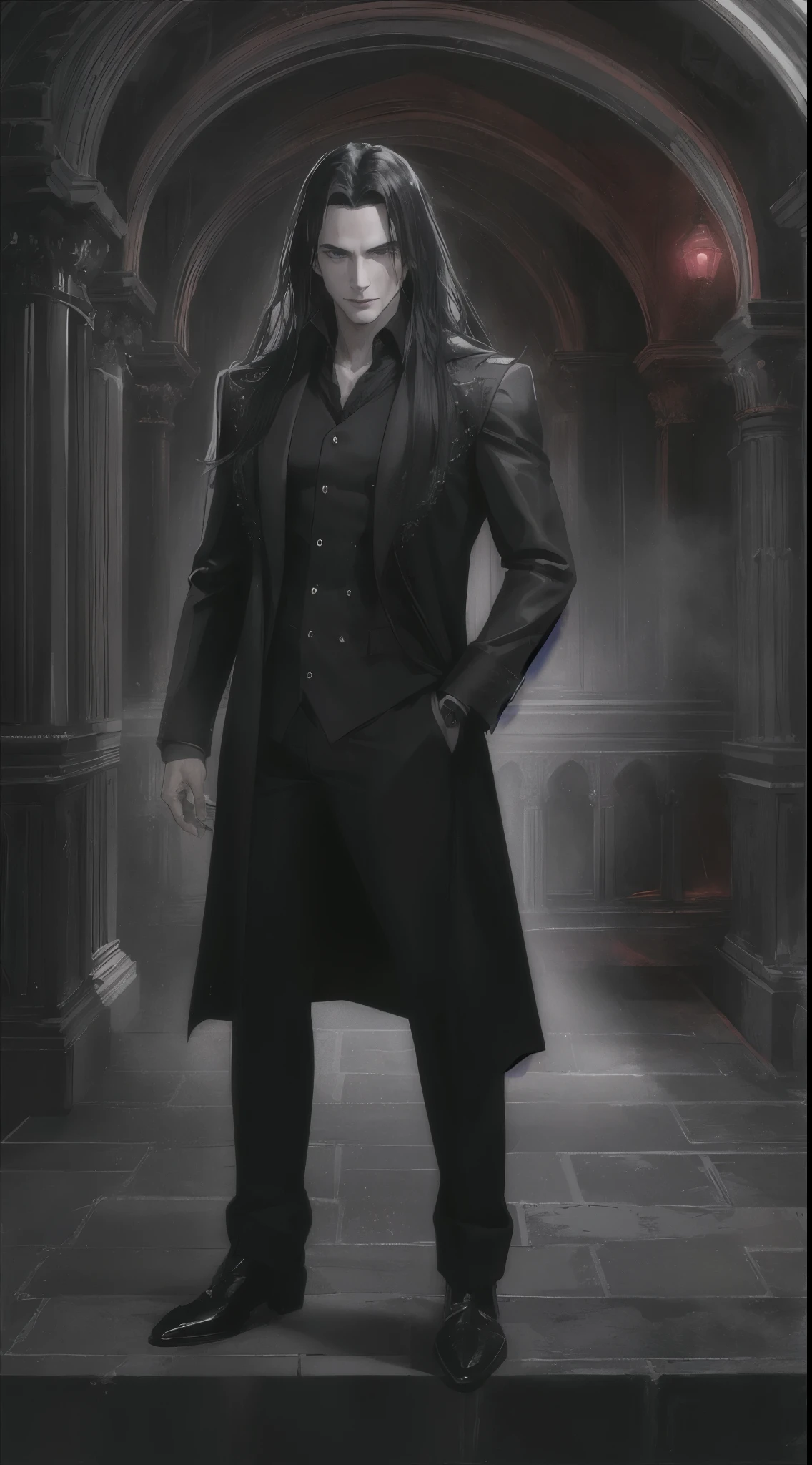 (highres,photorealistic:1.2),handsome man with a captivating gaze stands in a gothic castle. He has long, black hair and piercing grey eyes that exude intensity. His eyes are intricately detailed, drawing attention to their mesmerizing beauty. The man has a vampire-like appearance, with his long hair flowing effortlessly. He wears a dark suit, consisting of black pants, a black cloak, a black shirt, and a black coat, which adds to his mysterious allure. In the background, there is a vague red vapor, creating an eerie atmosphere around him. The gothic castle further enhances the dark and enigmatic ambiance, resembling the residence of an evil lord. This masterpiece artwork showcases the essence of realism, with ultra-detailed features and a photorealistic style. Red vapor around him