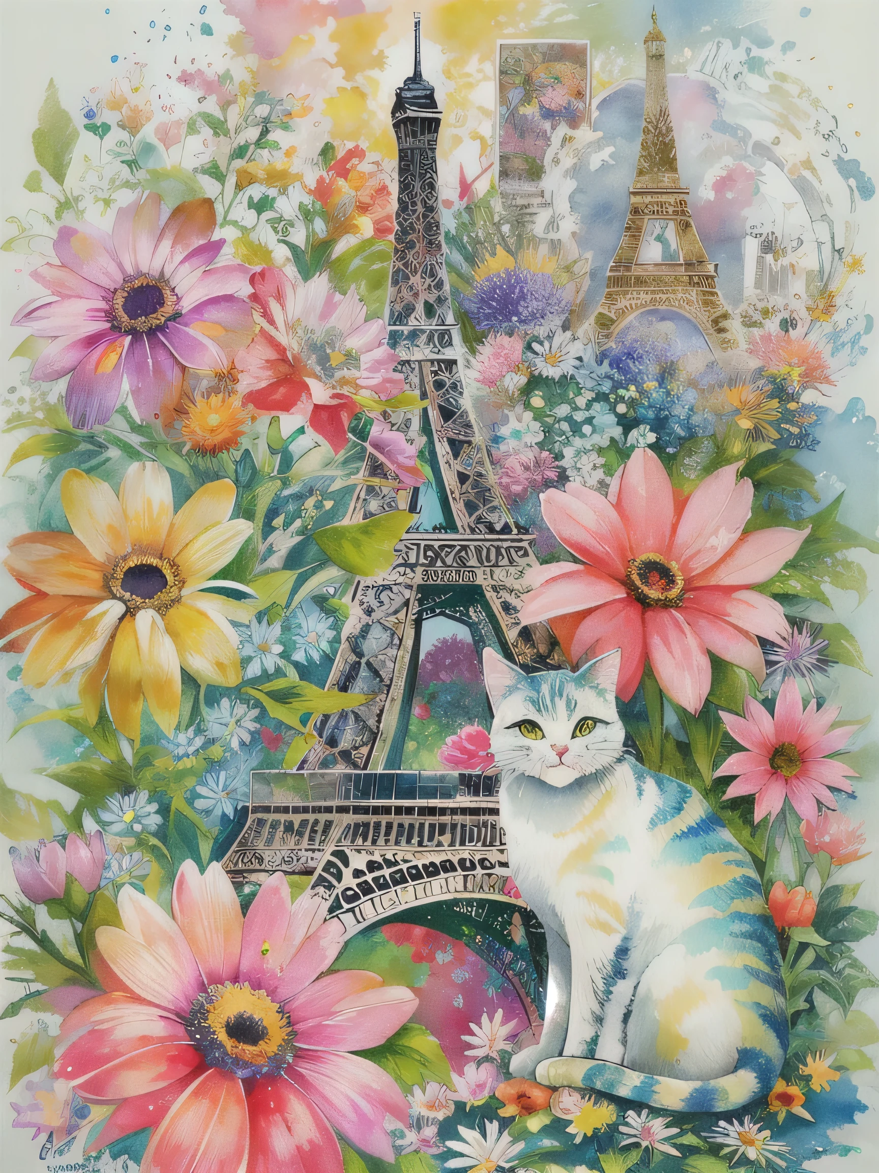 8K quality, Sylvia Pelissero watercolors, intense watercolor, watercolor detailed art, watercolor splash, surreal, avant-garde pop art, Beautiful and expressive paintings, Beautiful artwork illustration, very colorful tones, wonderful, cool beauty, highest quality,official art, vector art,stylish design, (((1 cat))), (((highest quality))), HDR, ((Detailed details)), (((graffiti art))), ((masterpiece))、((Super detailed))、(((colorful flowers)))、(((Paris cityscape)))