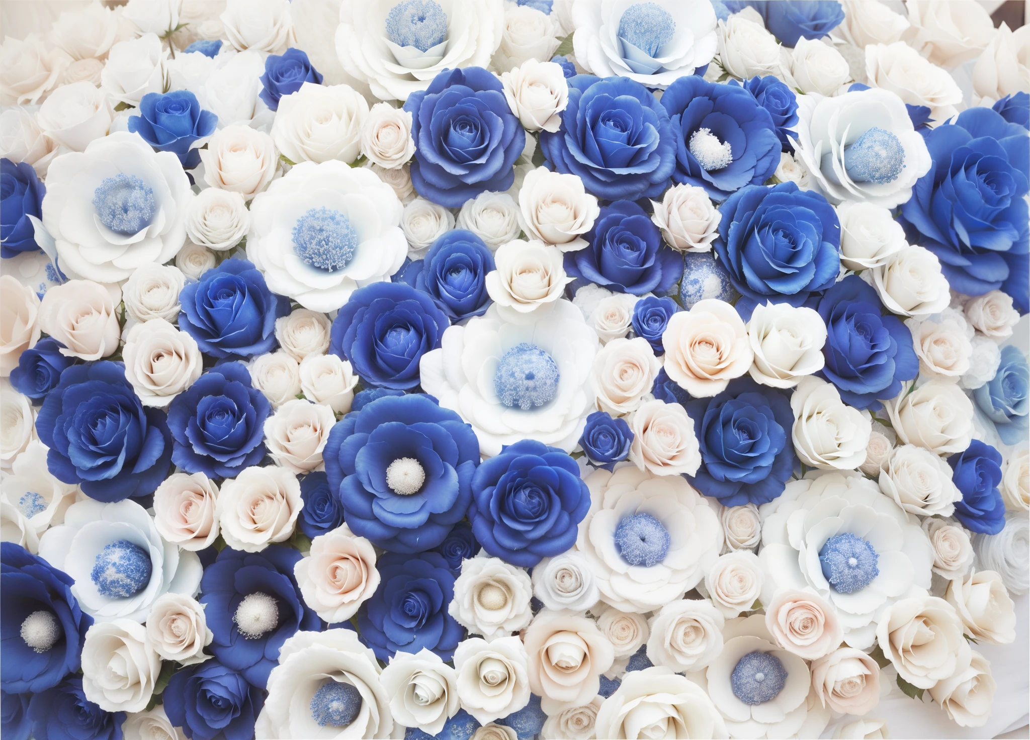 there is a large group of blue and white roses on display, blue white colors, white and blue, blue and white, flowers in background, white and blue color scheme, blue flowers accents, blue and white tones, blue! and white, cream and blue color scheme, blue and white color scheme, blue and white color palette, blue and cream