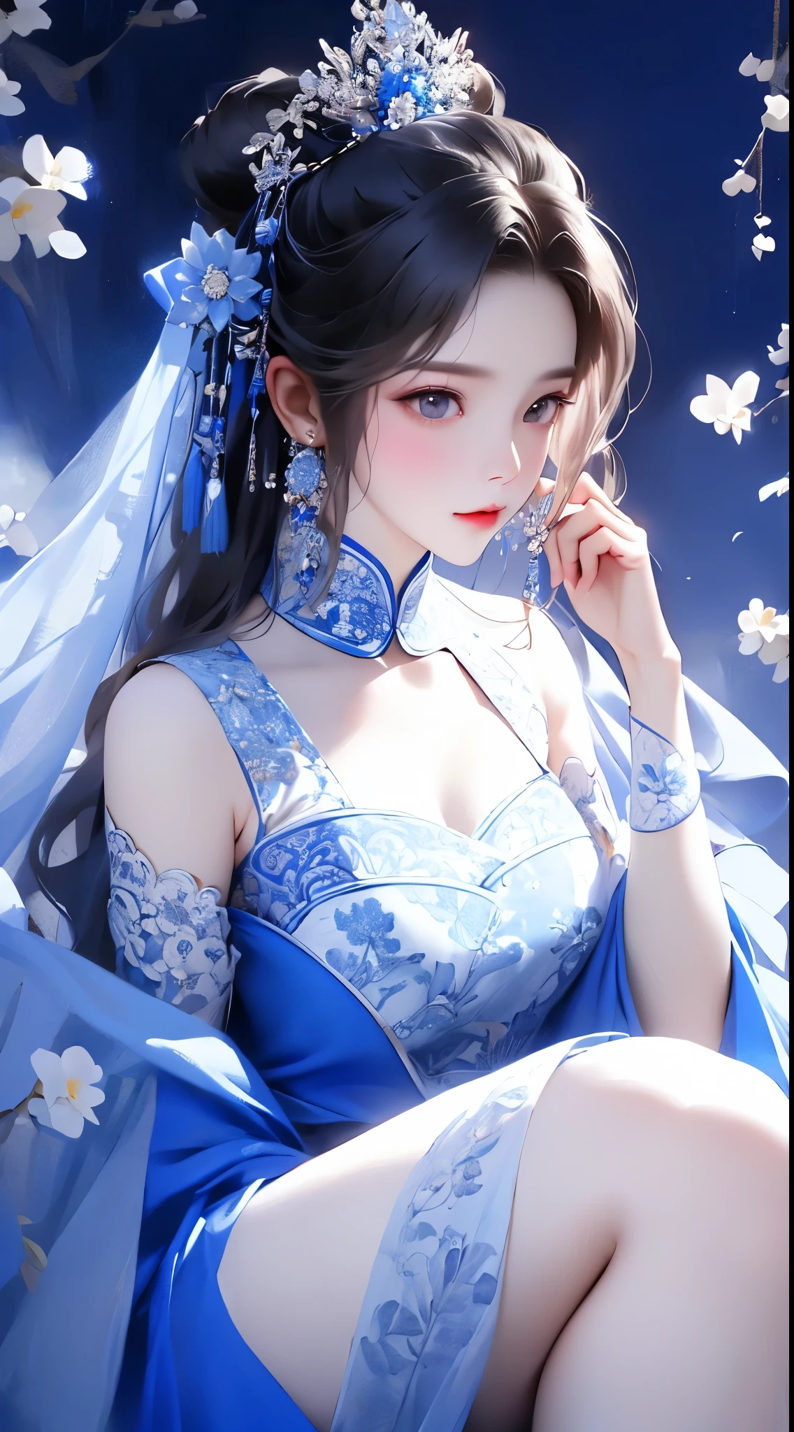 master piece，best quality，8K，original：1.2，Realistic：1.4，grotesque，1 Role，alone，ff tifa，most detailed，he opens his eyes wide：1.3，eye reflection：1.5，bright eyes：1.5，white skin，（blue and flower cheongsam，side split，lace up，chinese tiara，blue and white porcelain），plum print，slim，thin legs，moon，Updraft，moon明かりの光線，beautiful chinese architecture，Chinese style，（return）