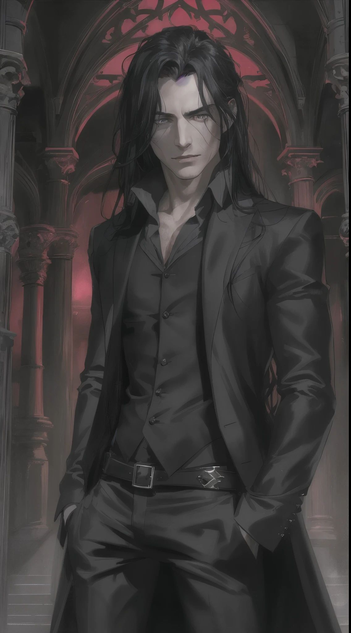 (highres,photorealistic:1.2),handsome man with a captivating gaze stands in a gothic castle. He has long, black hair and piercing grey eyes that exude intensity. His eyes are intricately detailed, drawing attention to their mesmerizing beauty. The man has a vampire-like appearance, with his long hair flowing effortlessly. He wears a dark suit, consisting of black pants, a black cloak, a black shirt, and a black coat, which adds to his mysterious allure. In the background, there is a vague red vapor, creating an eerie atmosphere around him. The gothic castle further enhances the dark and enigmatic ambiance, resembling the residence of an evil lord. This masterpiece artwork showcases the essence of realism, with ultra-detailed features and a photorealistic style. Red vapor around him