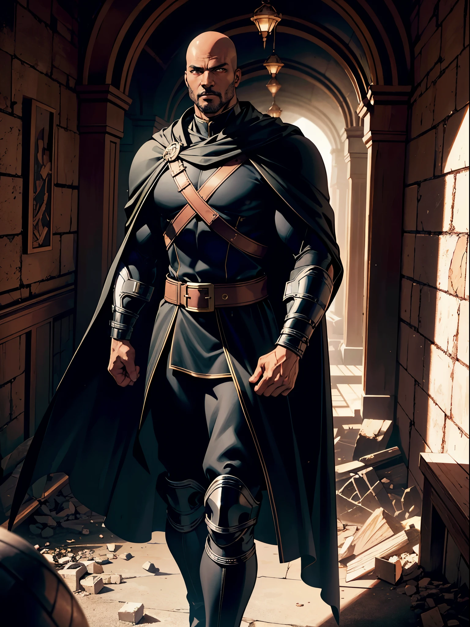 ultra realistic image of a black man, bald, 40 years old, tall and strong, muscle, dressed in black evil warrior amor and with pikes shoulder pads, standing in a destroyed hall of a castle, wearing a cape