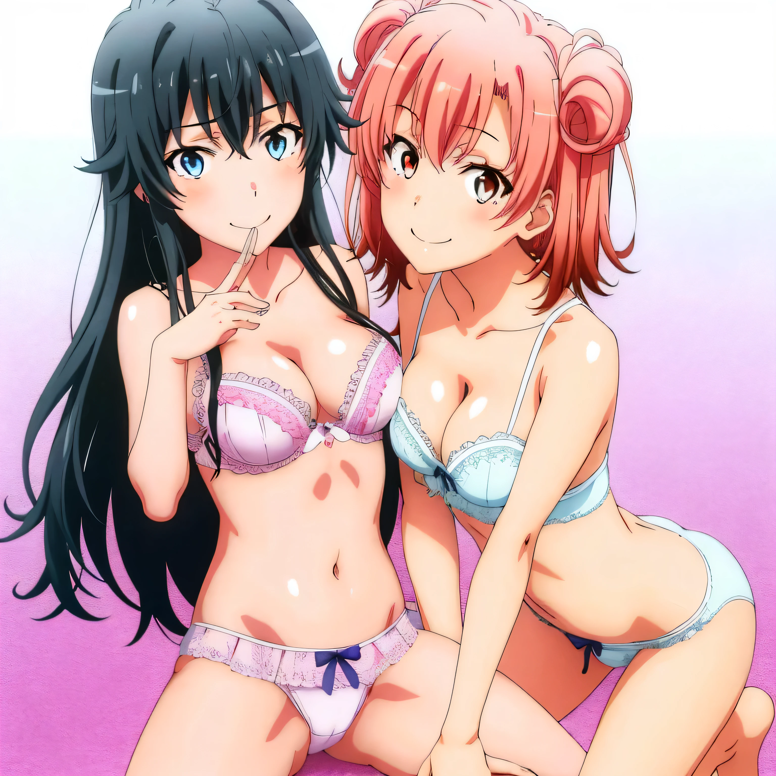 2 girls , Yukinoshita Yukino , yuigahama yui'My chest and groin are in good condition., waltz dance , In underwear,I'm looking forward to,hold hands,raise your legs,spread your legs,whole body,pink silk panties,white silk panties,thighs,high angle,open your mouth,smile,beautiful eyes,Clear eye color,