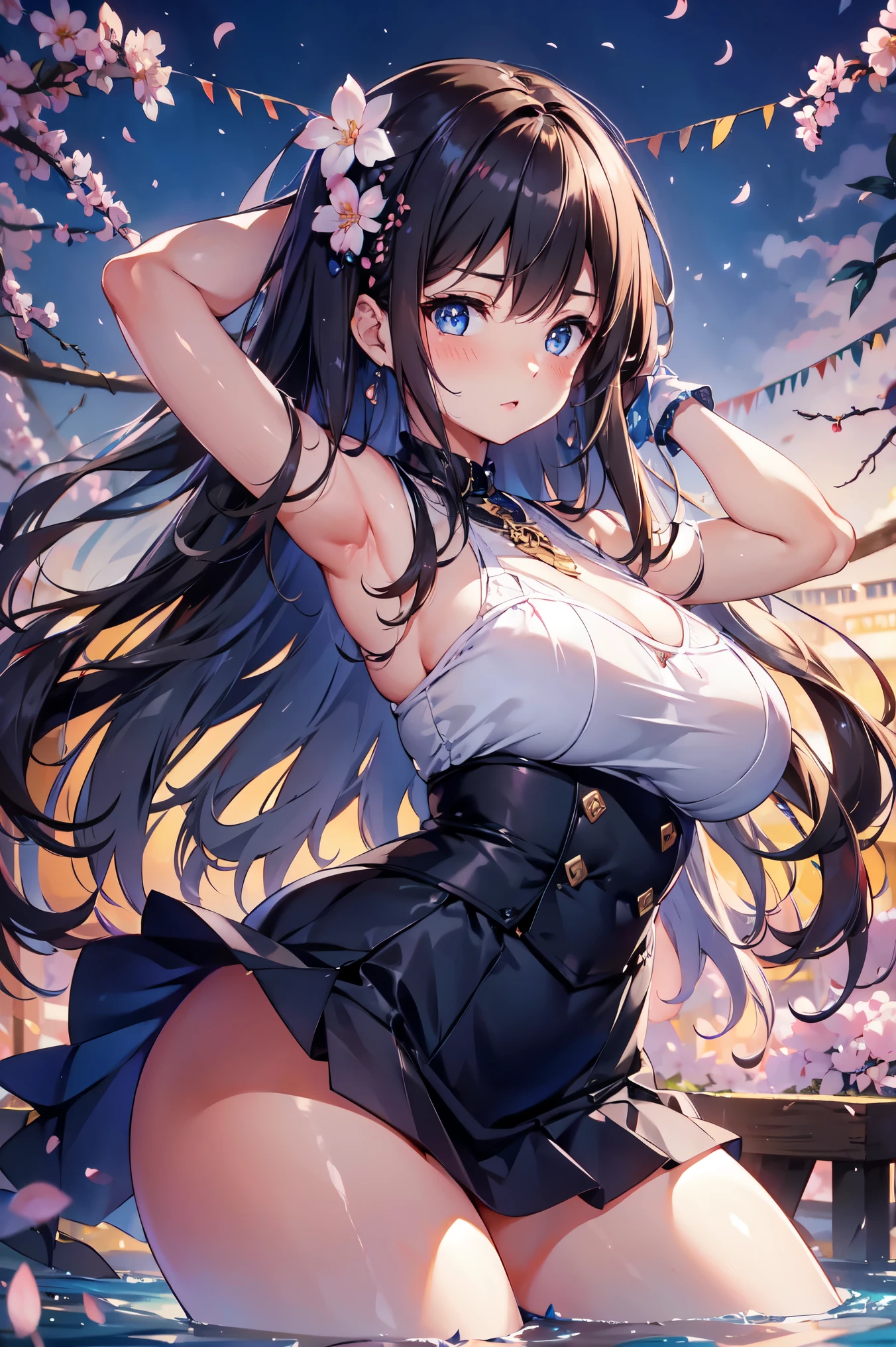 1 female、whole body、bottom corner、brown hair、long hair、well-groomed face、thick lips、blue eyes、blue dress、beautiful breasts、slim、mini skirt、raise your arms、armpit、cherry blossoms、cherry blossoms吹雪、petal、hot spring town、night、full moon、masterpiece、ultra high resolution、delicate、perfect lighting、sunlight、16k