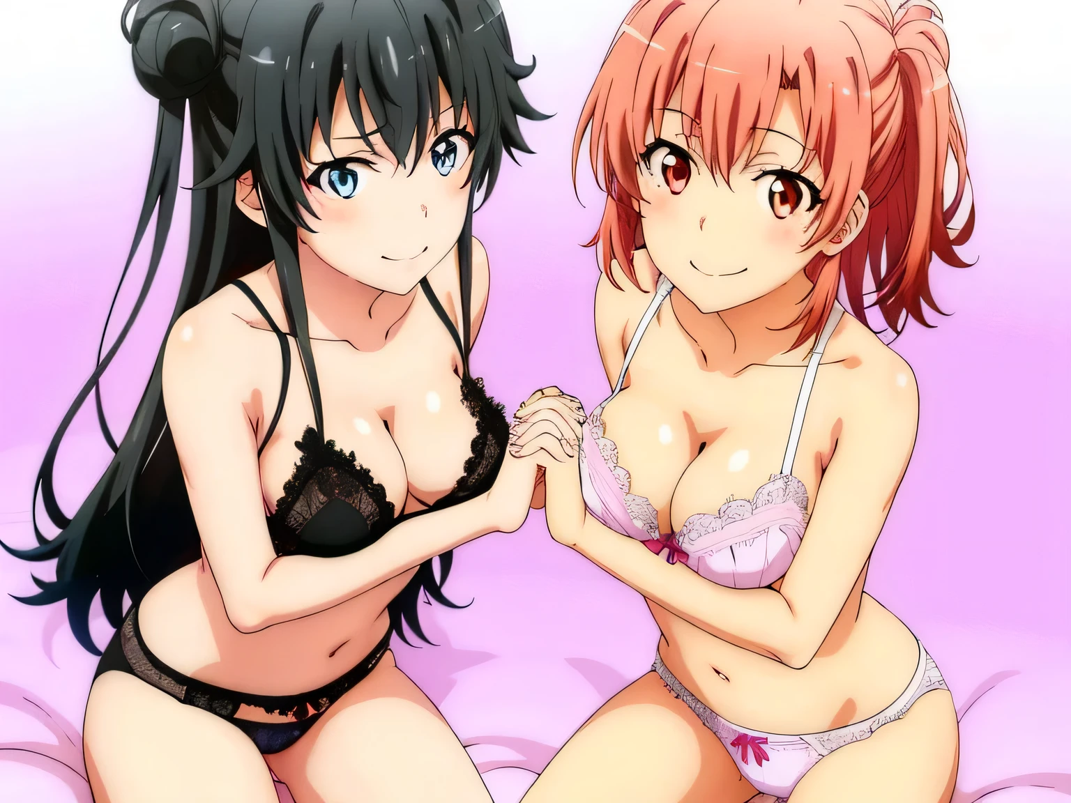 2 girls , Yukinoshita Yukino , yuigahama yui'My chest and groin are in good condition., waltz dance , In underwear,I'm looking forward to,hold hands,raise your legs,spread your legs,whole body,pink silk panties,white silk panties,thighs,high angle,open your mouth,smile,beautiful eyes,Clear eye color,