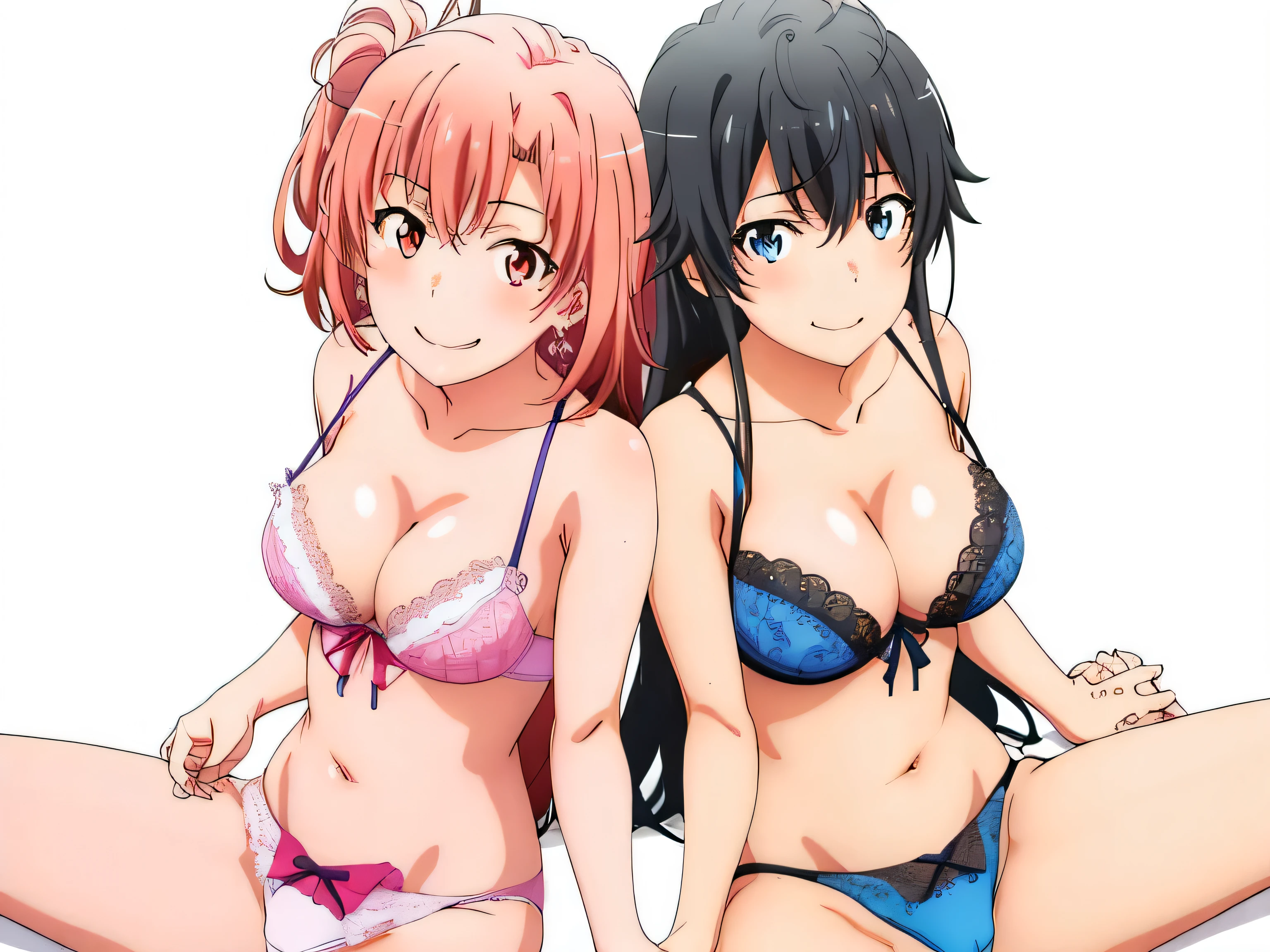 2 girls , Yukinoshita Yukino , yuigahama yui'My chest and groin are in good condition., waltz dance , In underwear,I'm looking forward to,hold hands,raise your legs,spread your legs,whole body,pink silk panties,white silk panties,thighs,high angle,open your mouth,smile,beautiful eyes,Clear eye color,